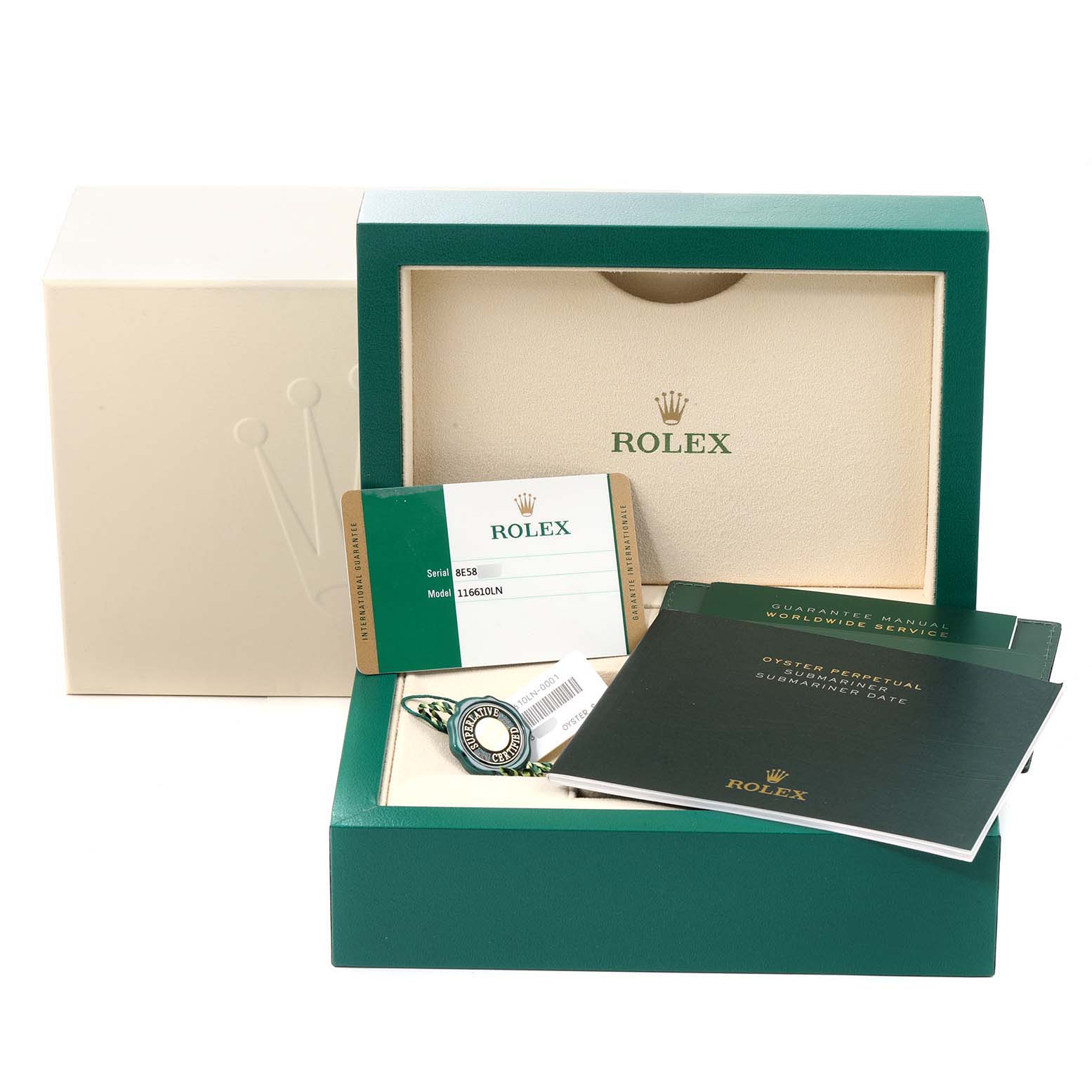 The image shows the packaging and accessories of a Rolex Submariner 116610 Men
s Stainless Steel Black Dial 116610 Men
s Stainless Steel Black Dial, including the box, manuals, and certification card.