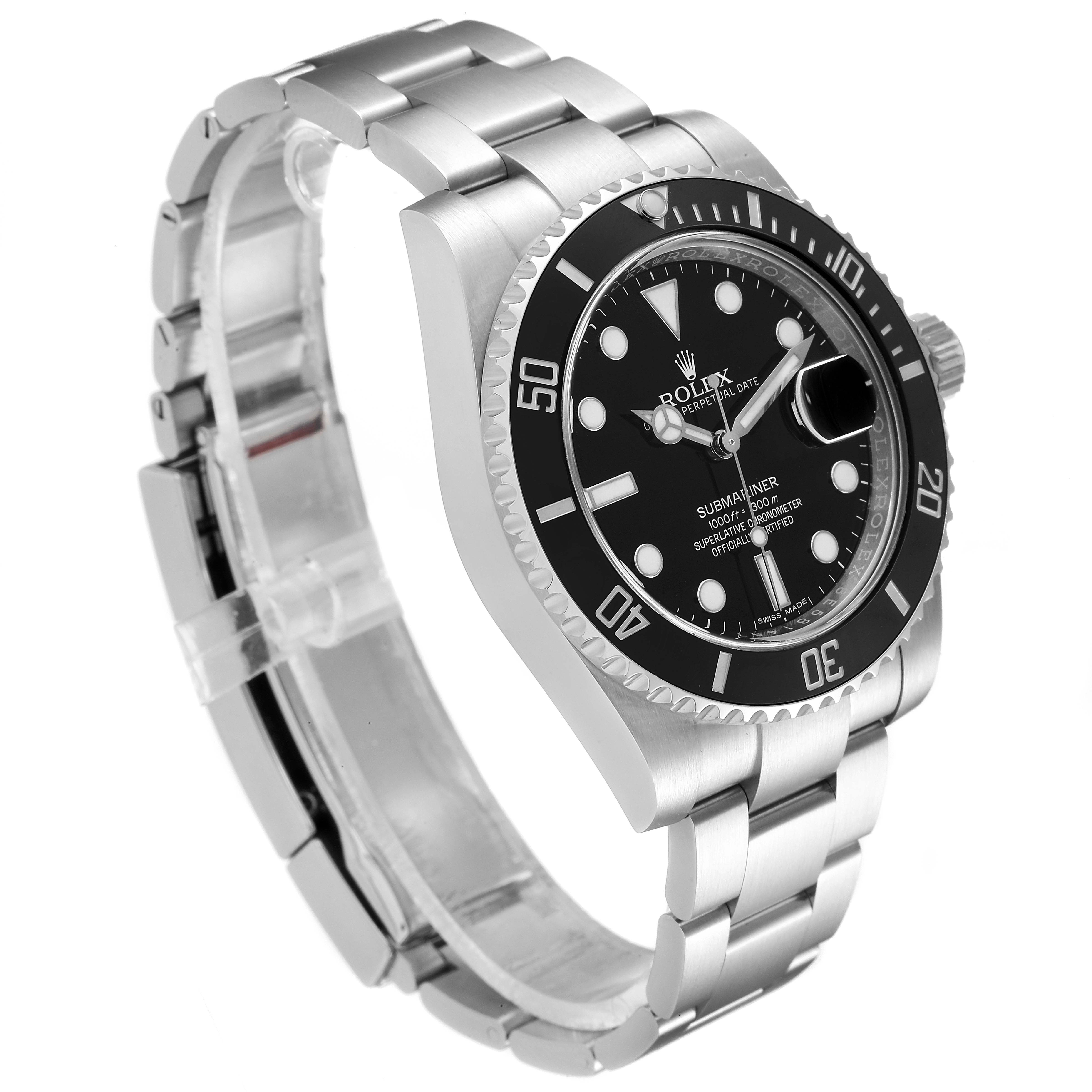 This image shows a three-quarter view of a Rolex Submariner 116610 Men
s Stainless Steel Black Dial 116610 Men
s Stainless Steel Black Dial, highlighting its dial, bezel, and bracelet.