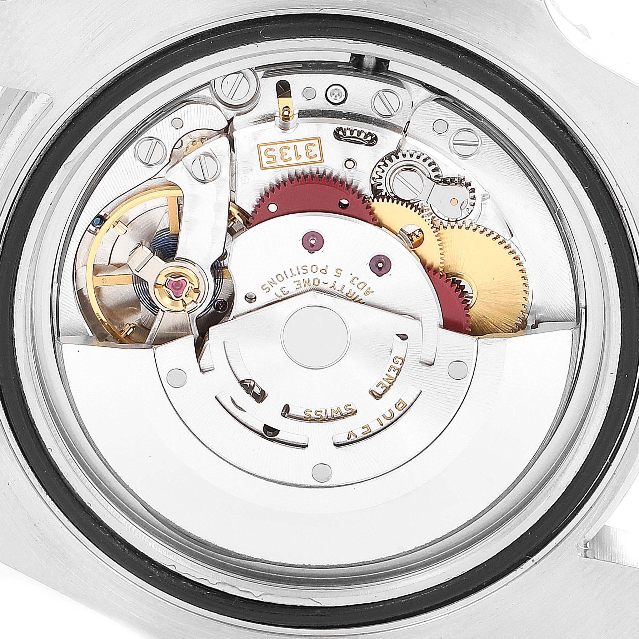 The image shows the internal mechanism of a Rolex Submariner 116610 Men
s Stainless Steel Black Dial 116610 Men
s Stainless Steel Black Dial watch, focusing on its intricate gears and components.