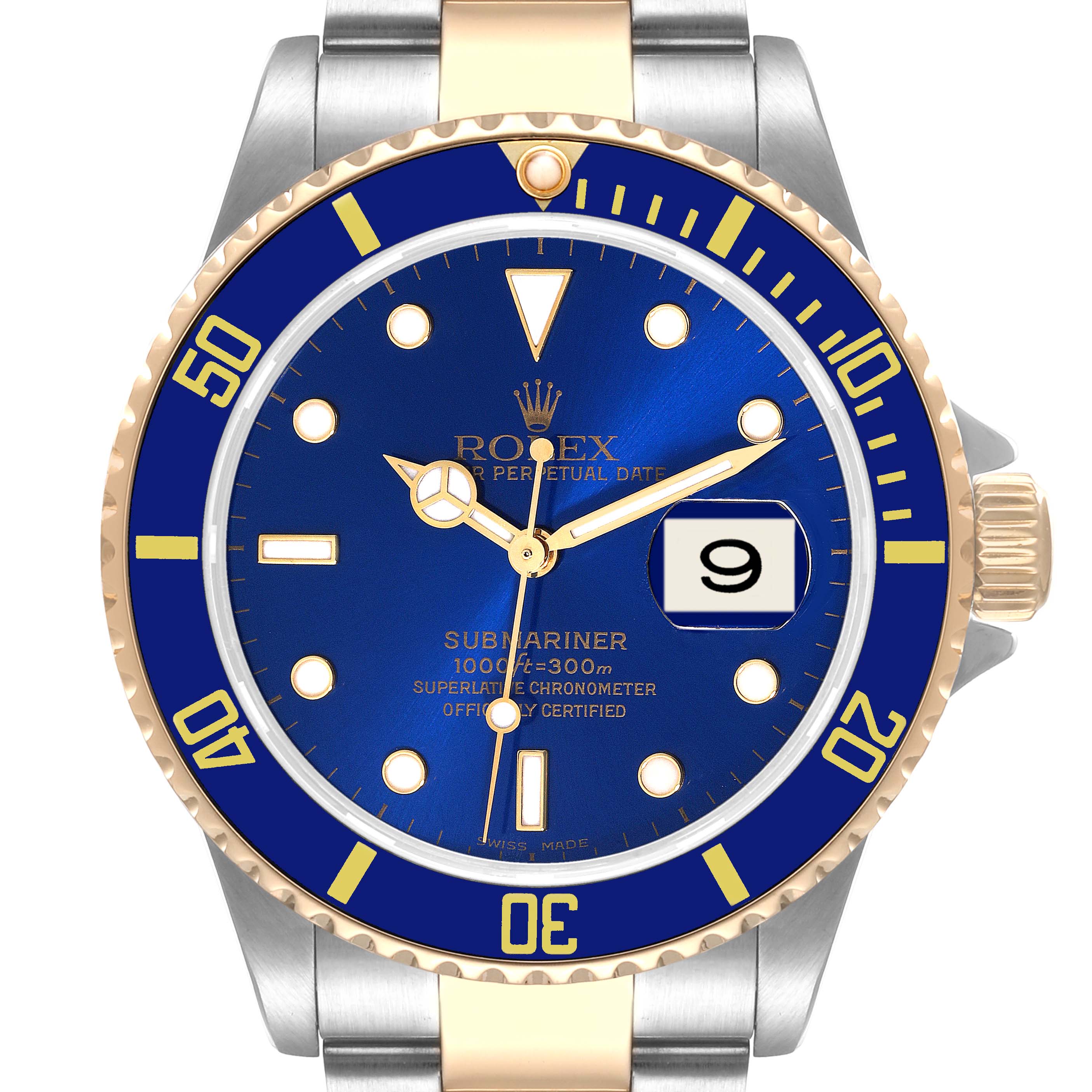 The image shows a front view of the Rolex Submariner 16613 Men's Steel and Gold (two tone) Blue Dial 16613 Men's Steel and Gold (two tone) Blue Dial watch, highlighting its blue dial, date display, and two-tone bracelet.