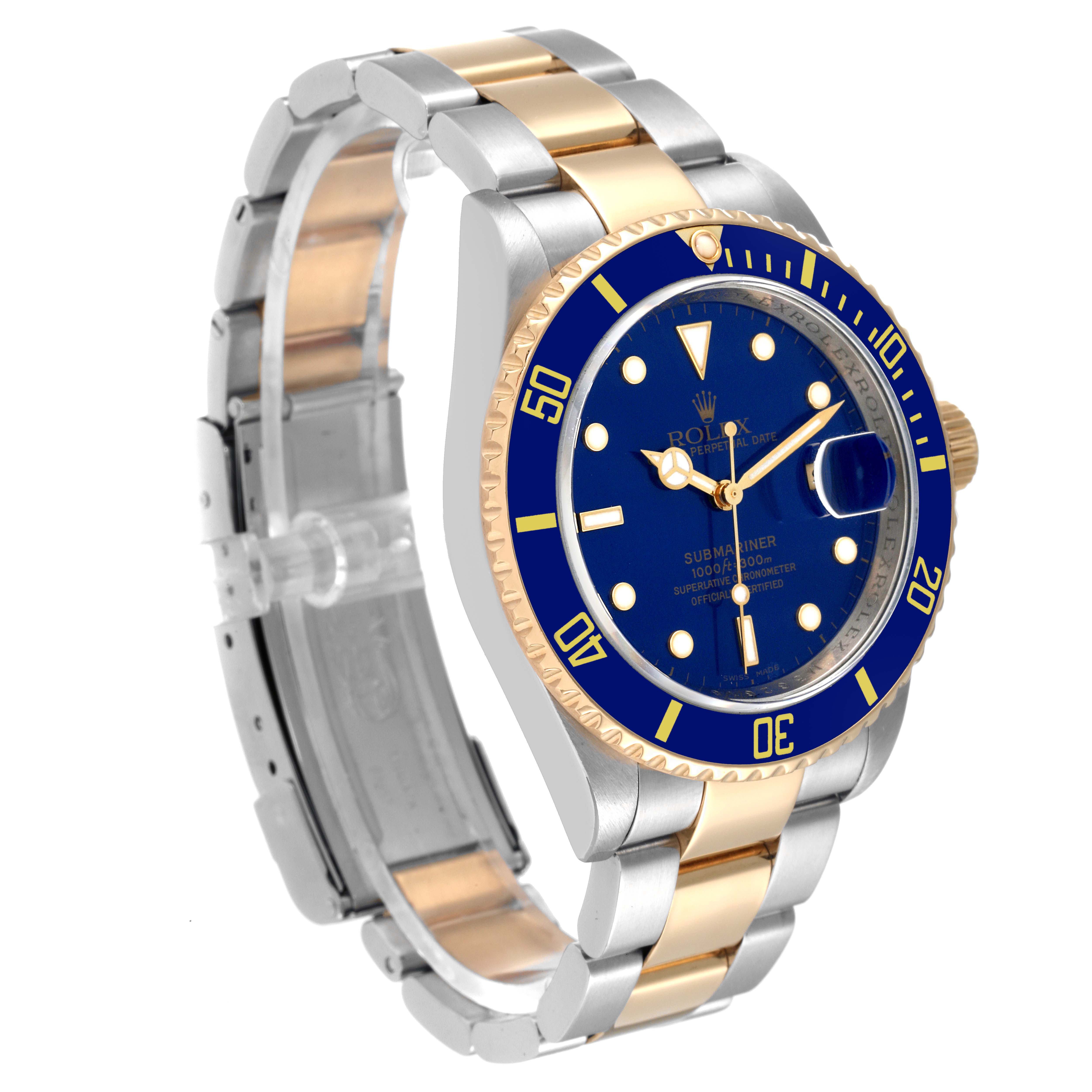 The image shows a Rolex Submariner 16613 Men's Steel and Gold (two tone) Blue Dial 16613 Men's Steel and Gold (two tone) Blue Dial watch at a front-side angle, displaying the face, bezel, and bracelet.