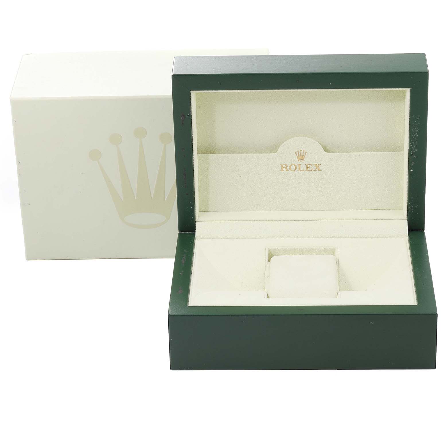 The image shows the opened green and cream-colored box for a Rolex Submariner 16613 Men's Steel and Gold (two tone) Blue Dial 16613 Men's Steel and Gold (two tone) Blue Dial watch with the outer white packaging in the background.