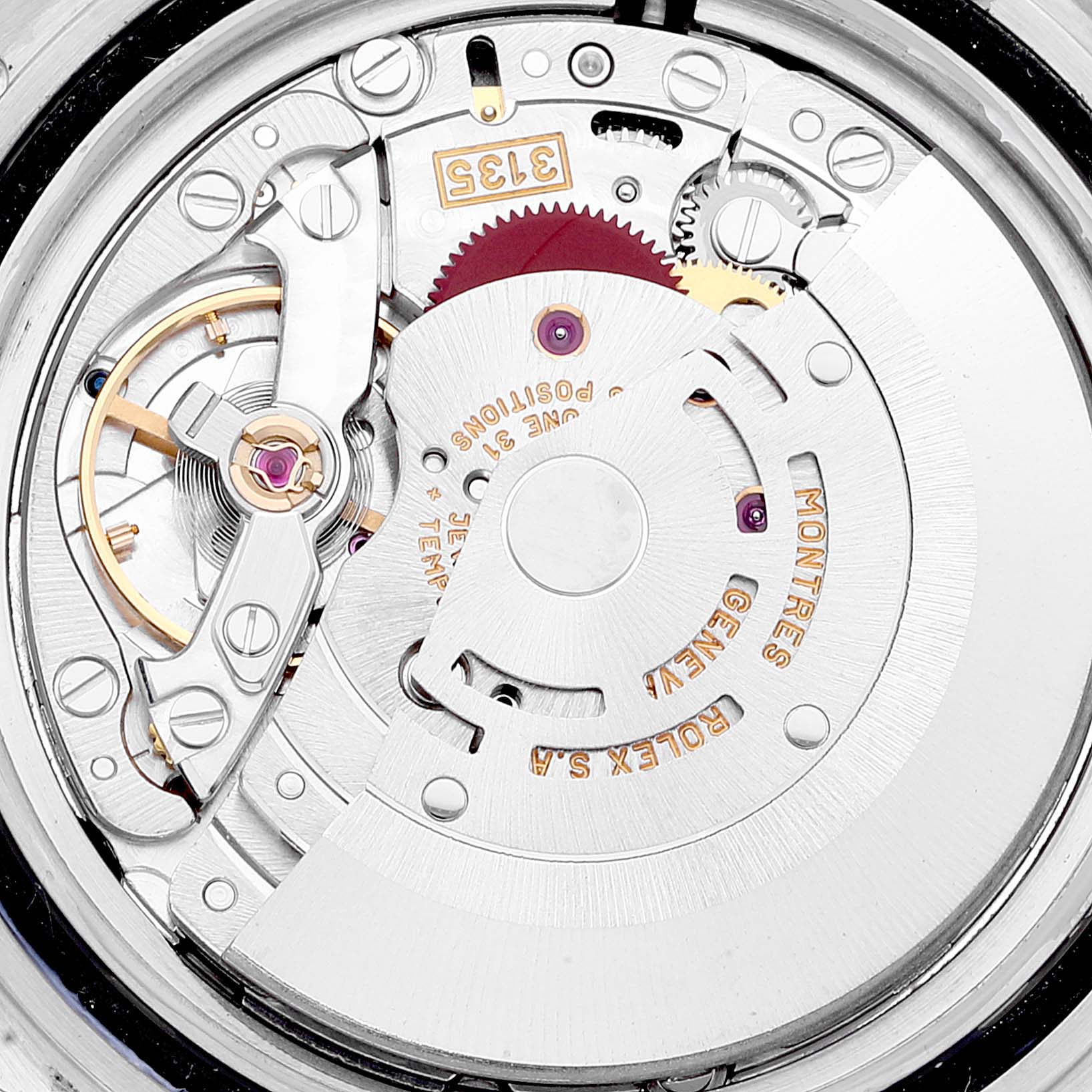 This image shows the internal movement mechanism of a Rolex Submariner 16613 Men's Steel and Gold (two tone) Blue Dial 16613 Men's Steel and Gold (two tone) Blue Dial watch from an aerial perspective.