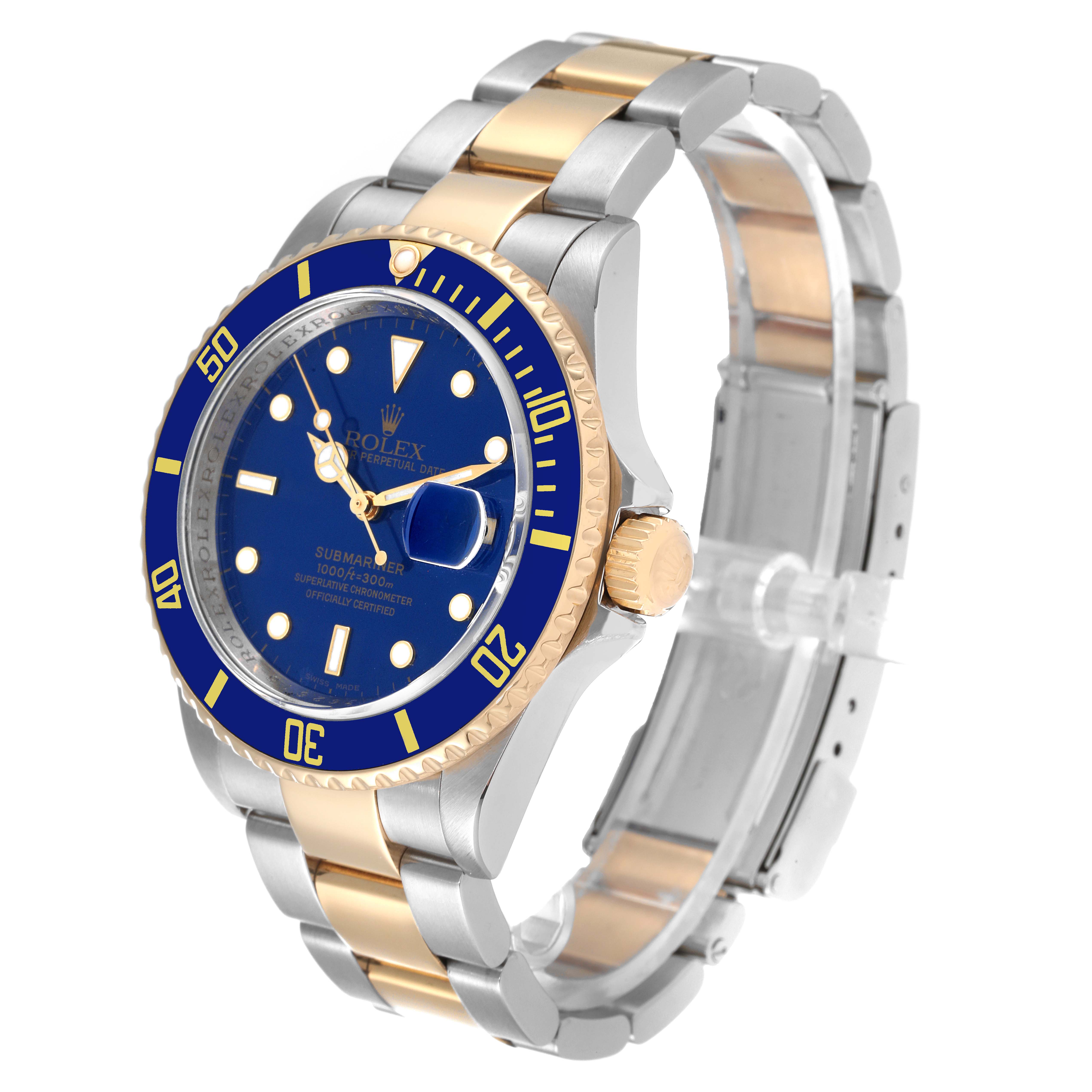 The Rolex Submariner 16613 Men's Steel and Gold (two tone) Blue Dial 16613 Men's Steel and Gold (two tone) Blue Dial watch is shown at a three-quarter angle, displaying the dial, bezel, bracelet, and crown.
