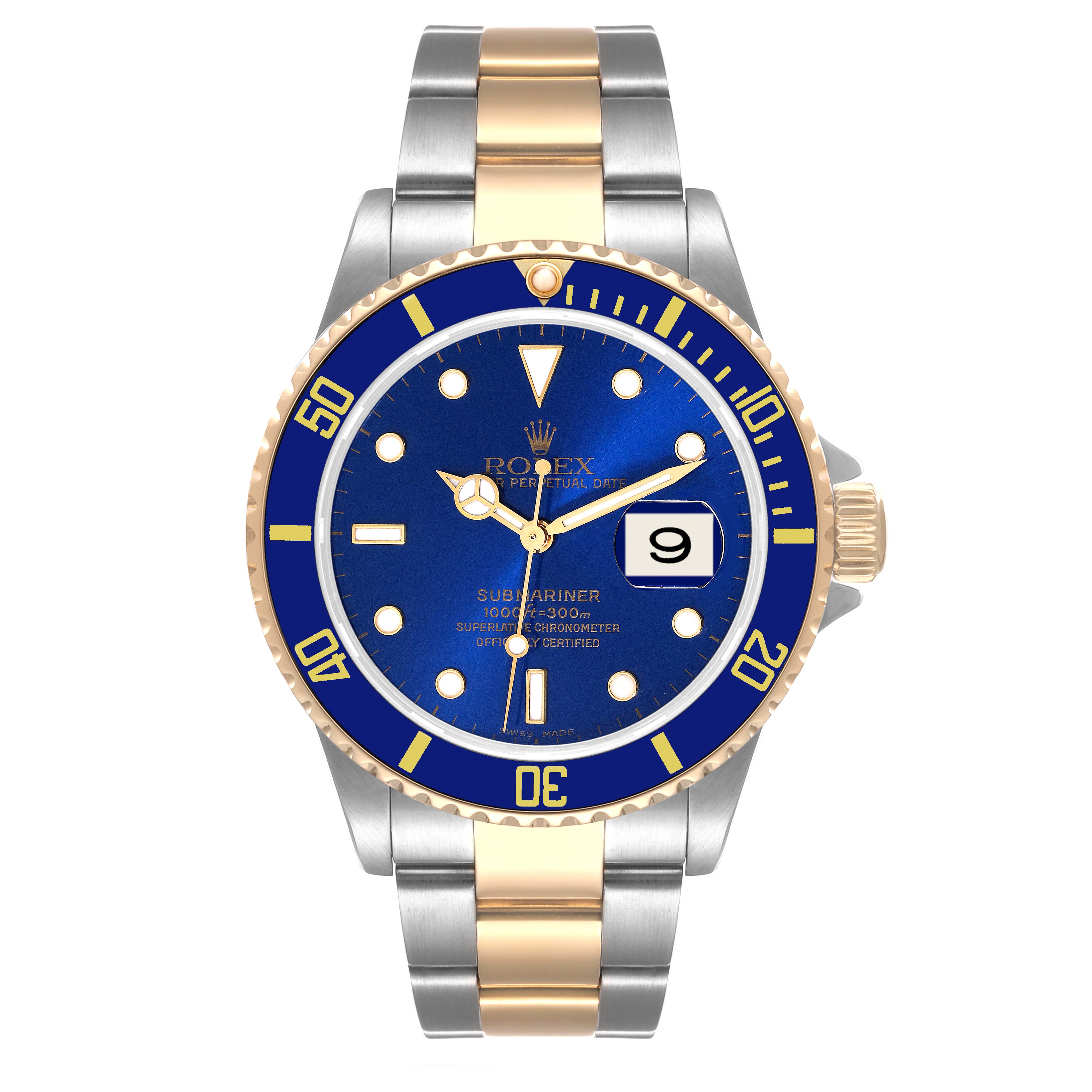 The image shows a front view of a Rolex Submariner 16613 Men's Steel and Gold (two tone) Blue Dial 16613 Men's Steel and Gold (two tone) Blue Dial watch with a blue dial and two-tone metal bracelet.