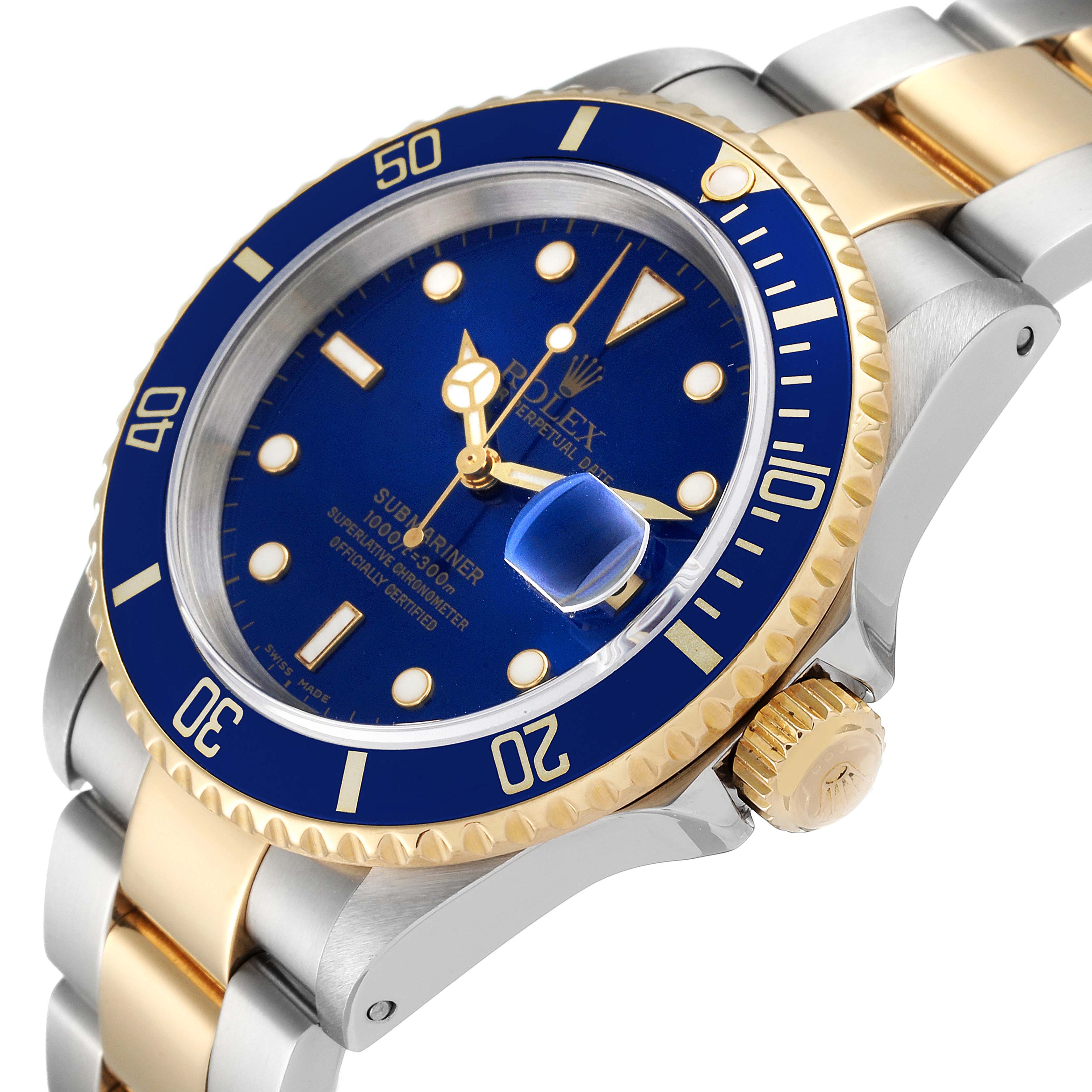 The image shows an angled view of a Rolex Submariner 16613 Men's Steel and Gold (two tone) Blue Dial 16613 Men's Steel and Gold (two tone) Blue Dial watch featuring its blue dial, bezel, and two-tone bracelet.