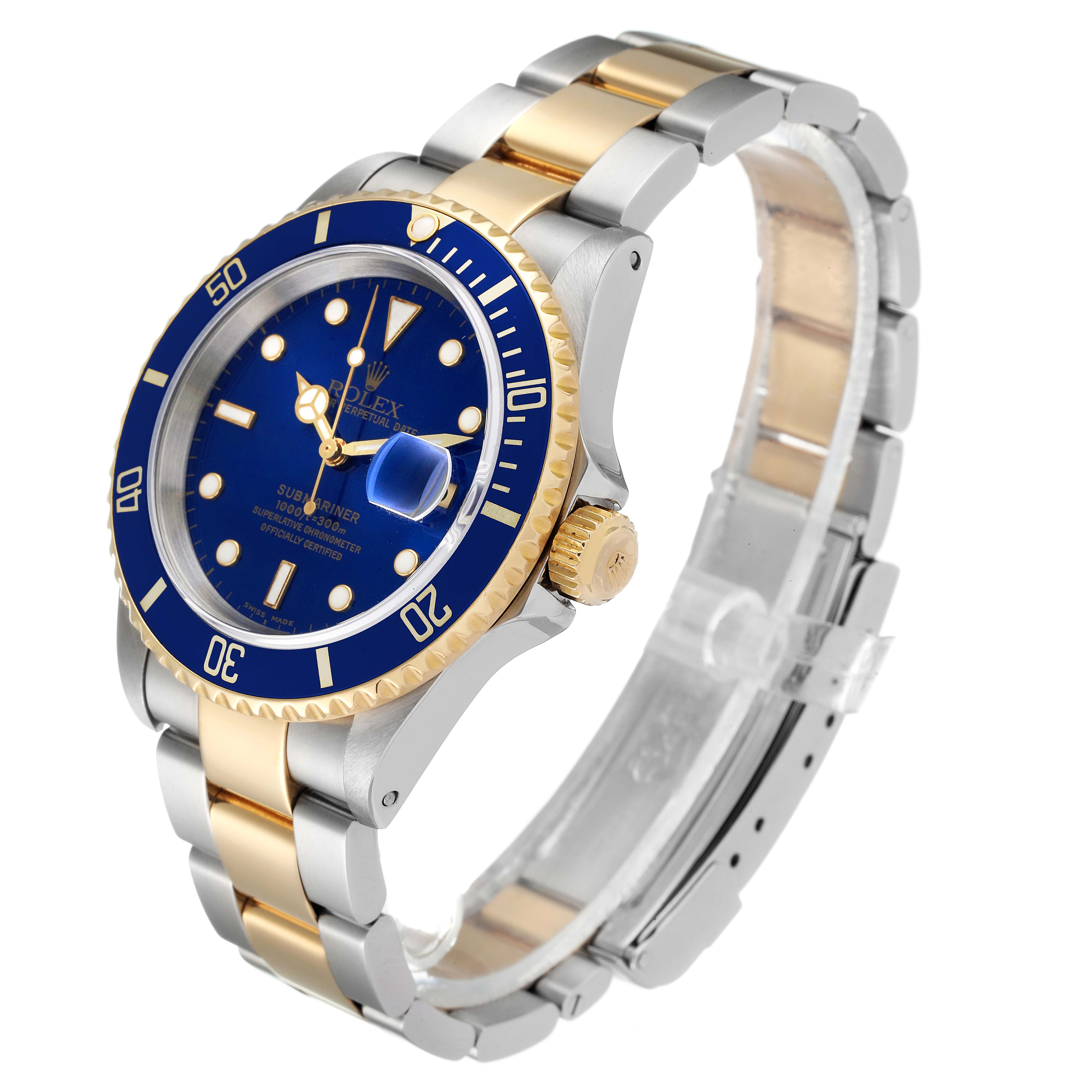 This image shows a side angle of the Rolex Submariner 16613 Men's Steel and Gold (two tone) Blue Dial 16613 Men's Steel and Gold (two tone) Blue Dial watch, highlighting its blue dial, gold accents, and two-tone bracelet.