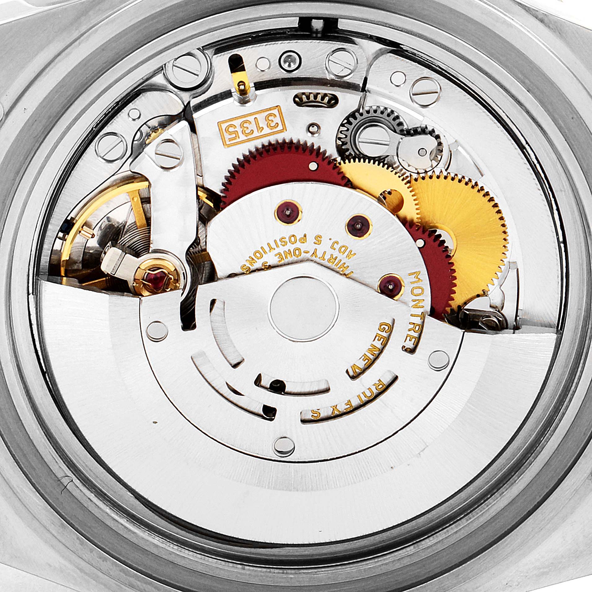 This image shows the internal mechanical movement of a Rolex Submariner 16613 Men's Steel and Gold (two tone) Blue Dial 16613 Men's Steel and Gold (two tone) Blue Dial watch from a close-up, top-down angle.