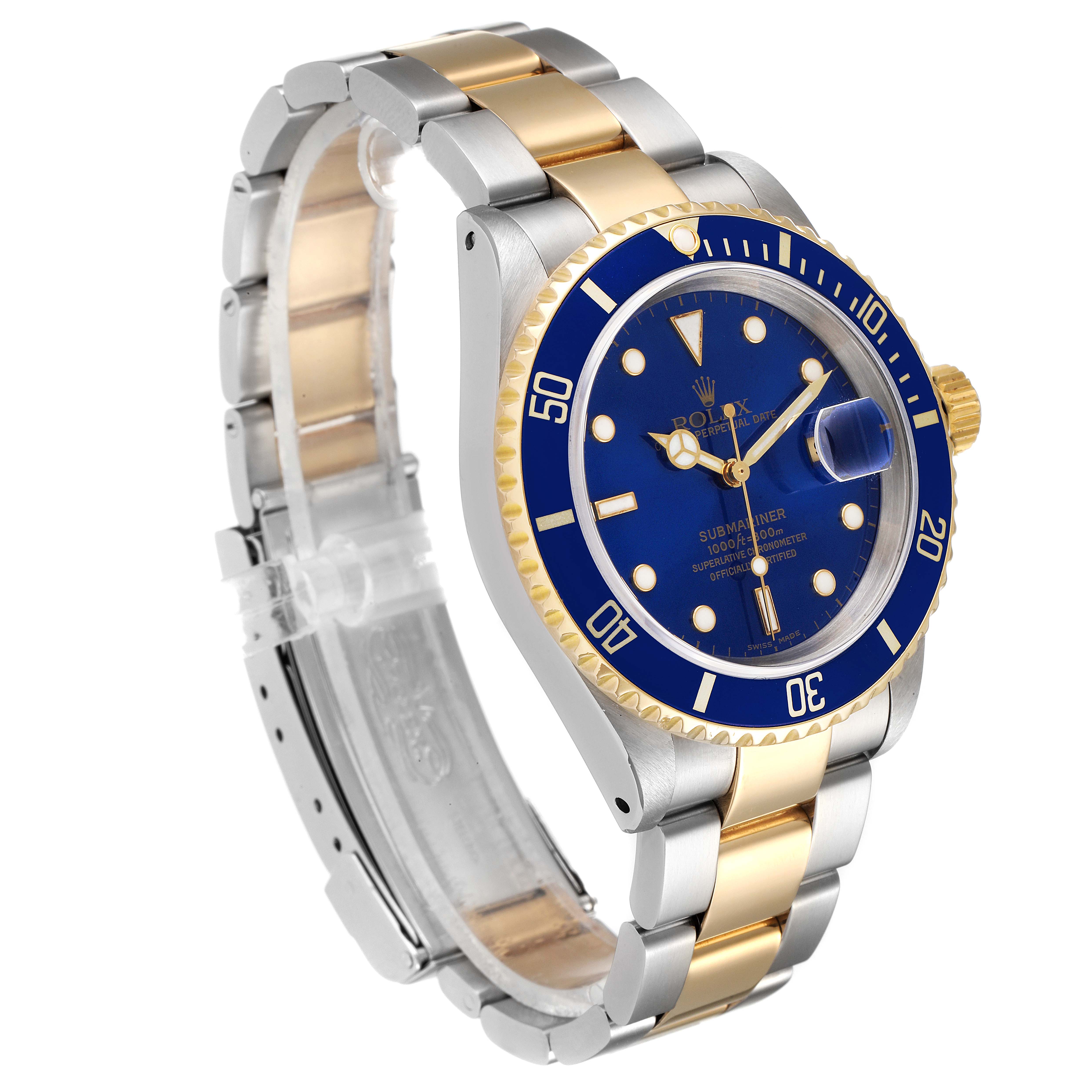 The Rolex Submariner 16613 Men's Steel and Gold (two tone) Blue Dial 16613 Men's Steel and Gold (two tone) Blue Dial watch is shown at an angle, displaying the face, bezel, crown, and two-tone bracelet.