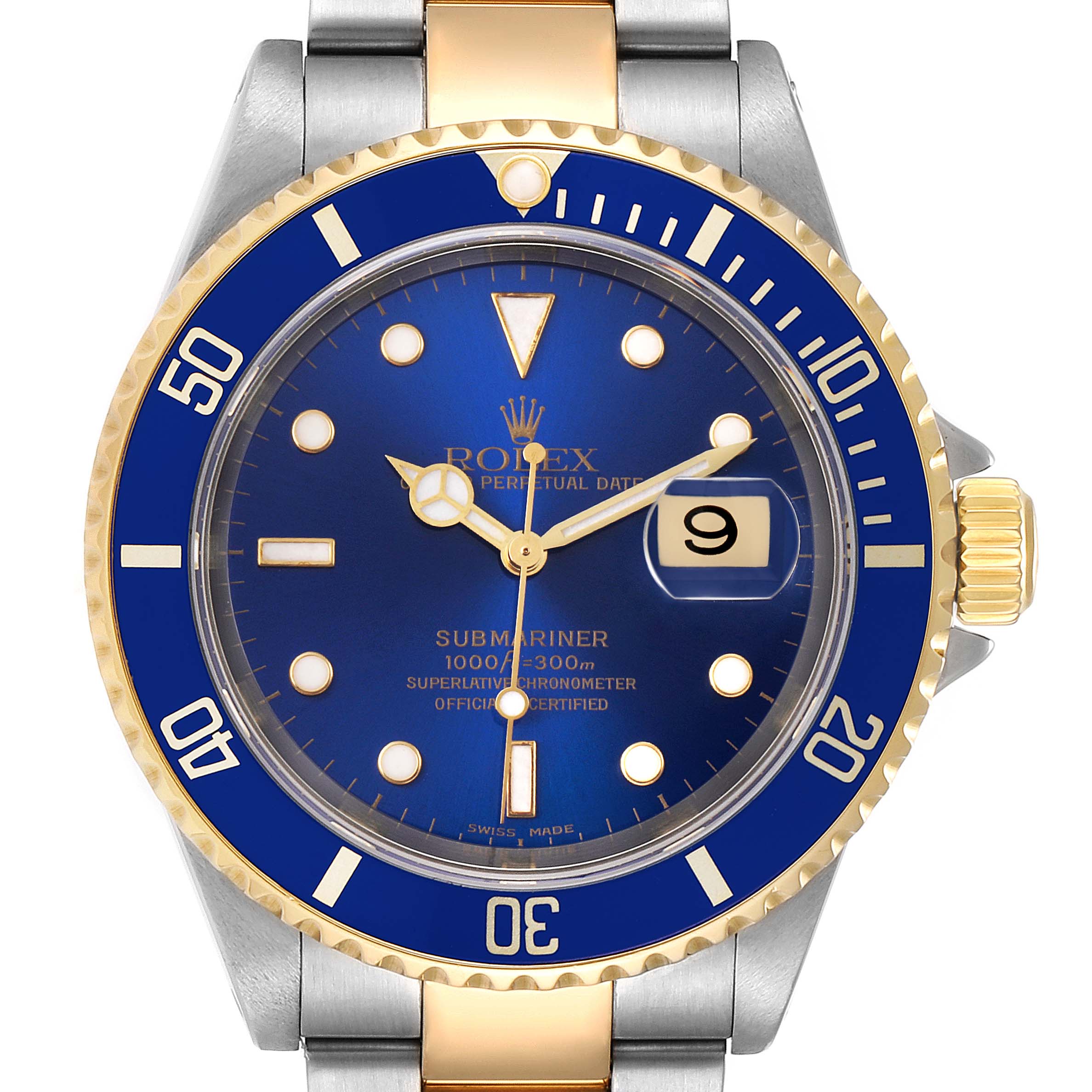 The image shows a front view of the Rolex Submariner 16613 Men's Steel and Gold (two tone) Blue Dial 16613 Men's Steel and Gold (two tone) Blue Dial watch with a blue dial and bezel, including the crown and part of the bracelet.