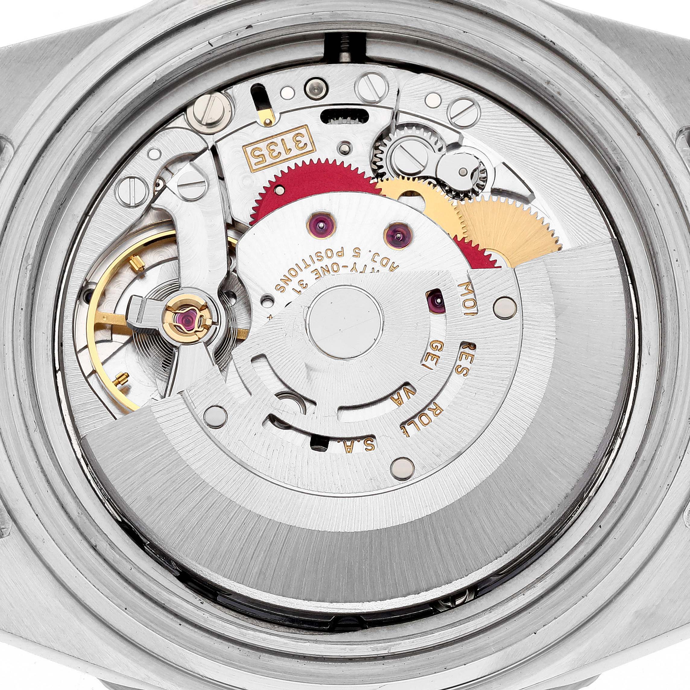 The image shows the internal movement of a Rolex Submariner 16610 Men
s Stainless Steel Black Dial 16610 Men
s Stainless Steel Black Dial watch from a back angle.