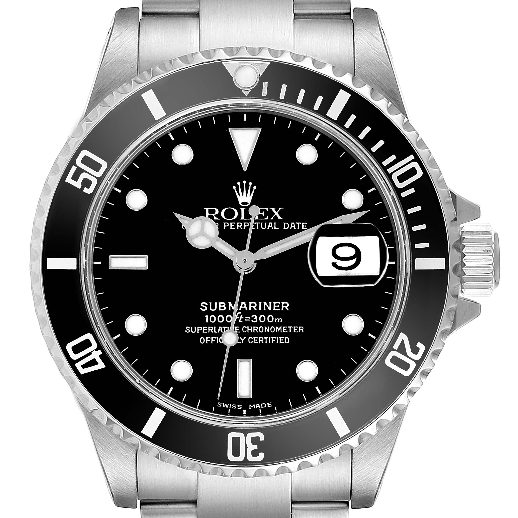The Rolex Submariner 16610 Men
s Stainless Steel Black Dial 16610 Men
s Stainless Steel Black Dial watch is shown from a top-down angle, displaying the dial, bezel, and part of the bracelet.
