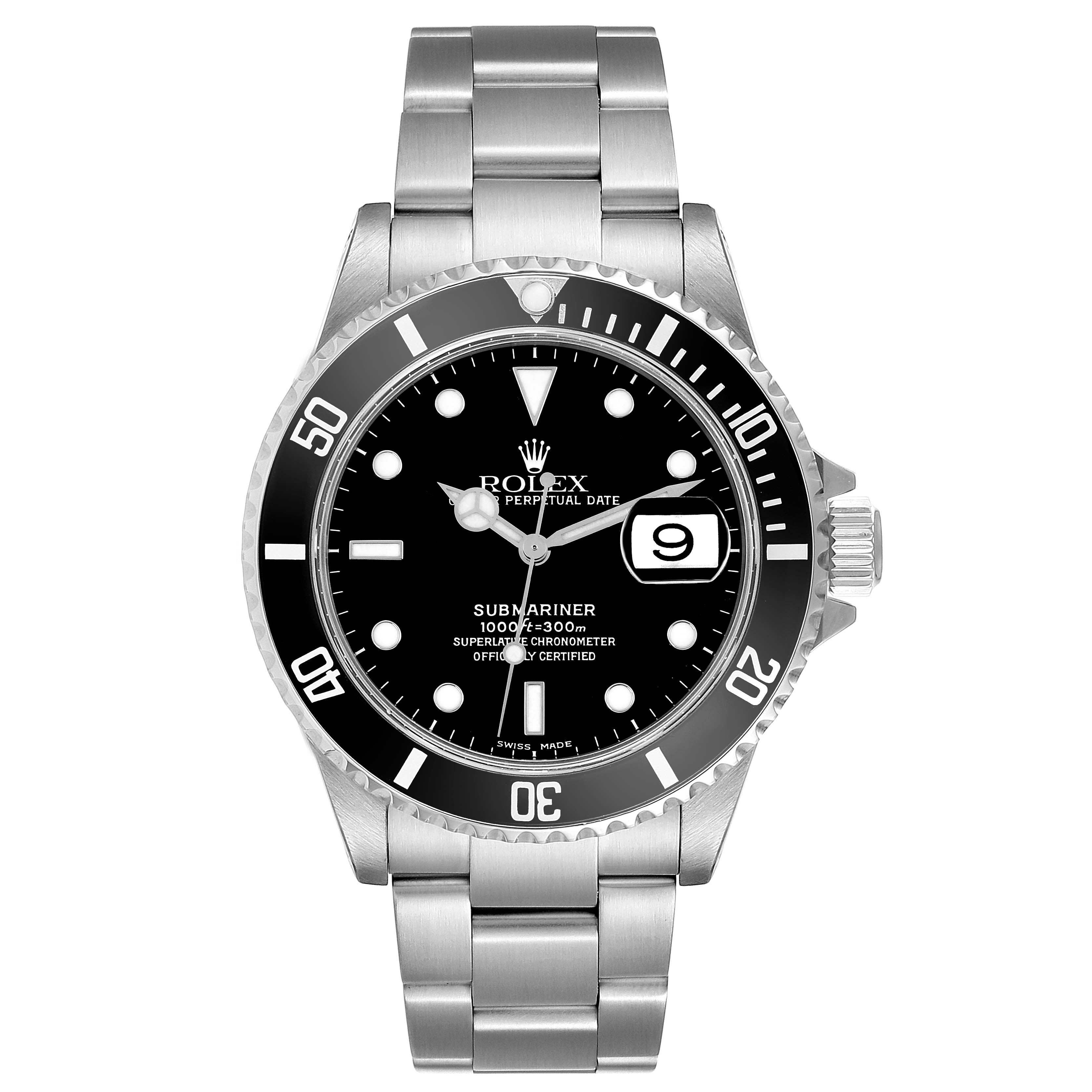 The Rolex Submariner 16610 Men
s Stainless Steel Black Dial 16610 Men
s Stainless Steel Black Dial watch is shown from a front angle, displaying the face, bezel, and bracelet.