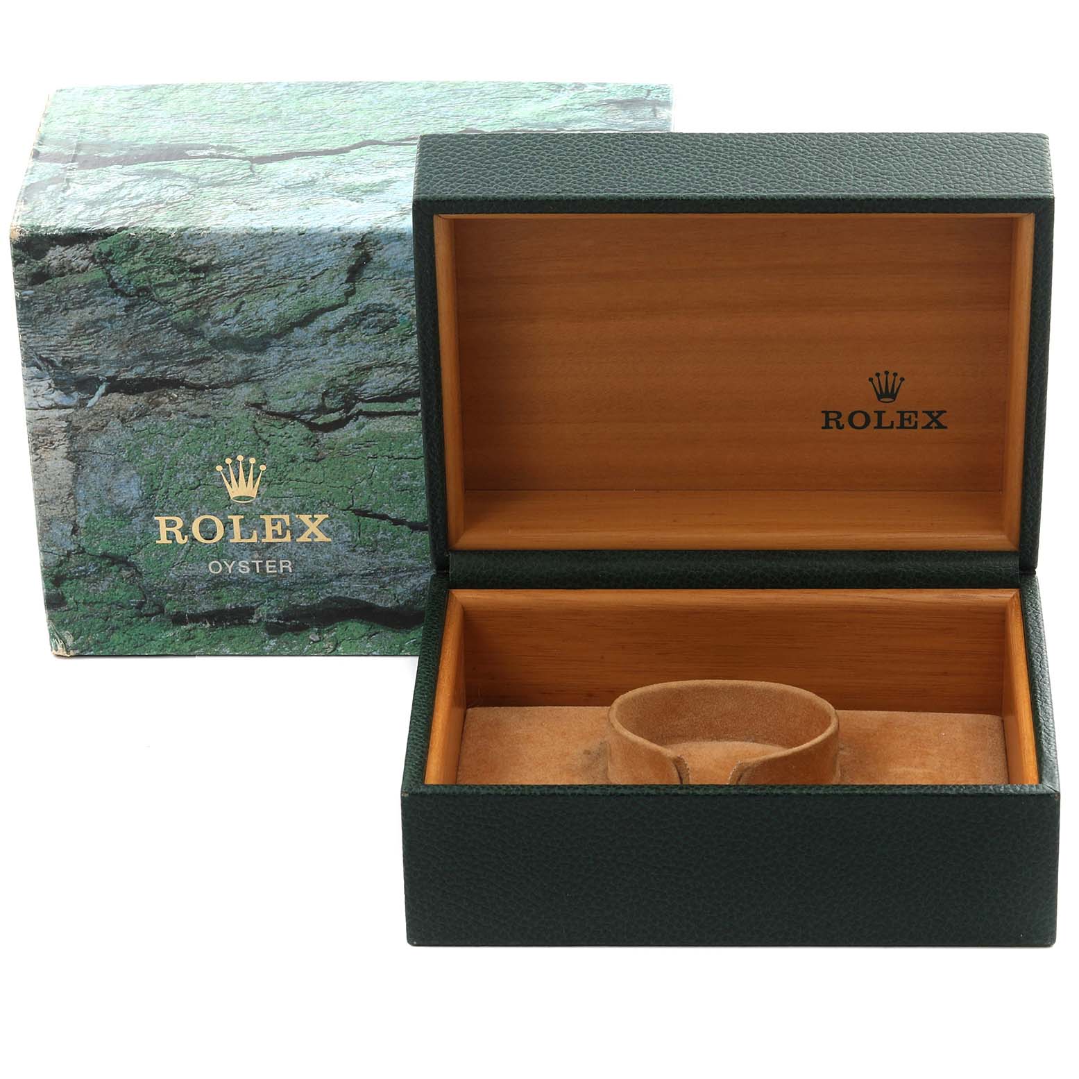 The image shows an open Rolex Submariner 16610 Men
s Stainless Steel Black Dial 16610 Men
s Stainless Steel Black Dial watch box with its cushion, alongside the outer packaging.