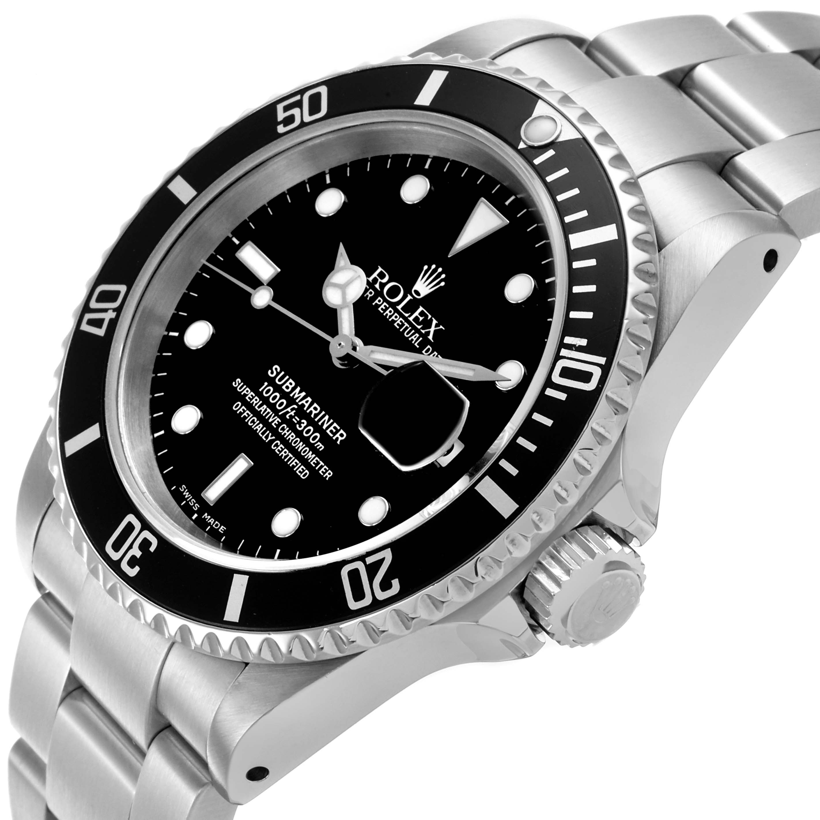 The image shows a close-up side angle of the Rolex Submariner 16610 Men
s Stainless Steel Black Dial 16610 Men
s Stainless Steel Black Dial, highlighting the bezel, crown, and bracelet.