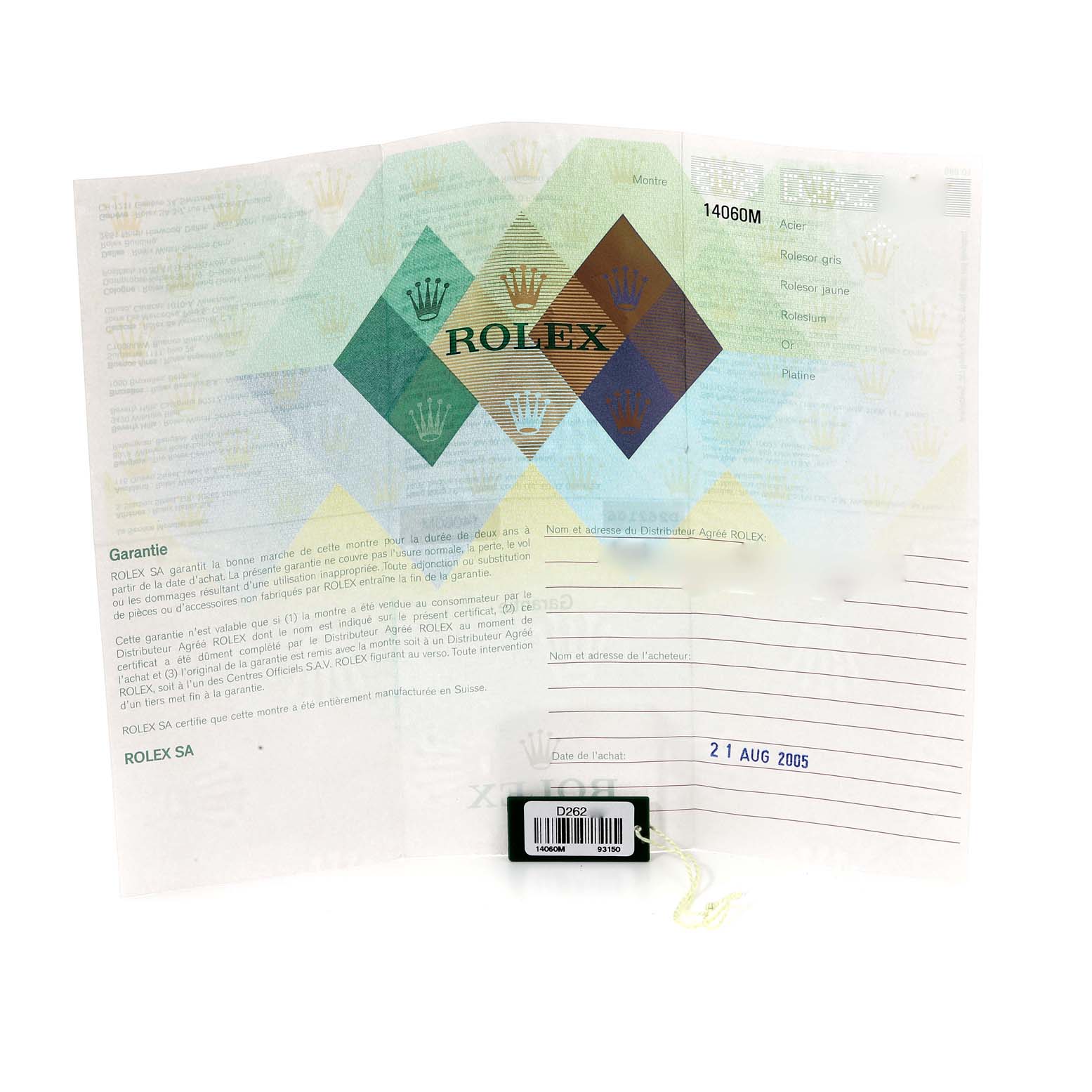 The image shows the warranty certificate and tag for the Rolex Submariner 14060 Men
s Stainless Steel Black Dial 14060 Men
s Stainless Steel Black Dial model.