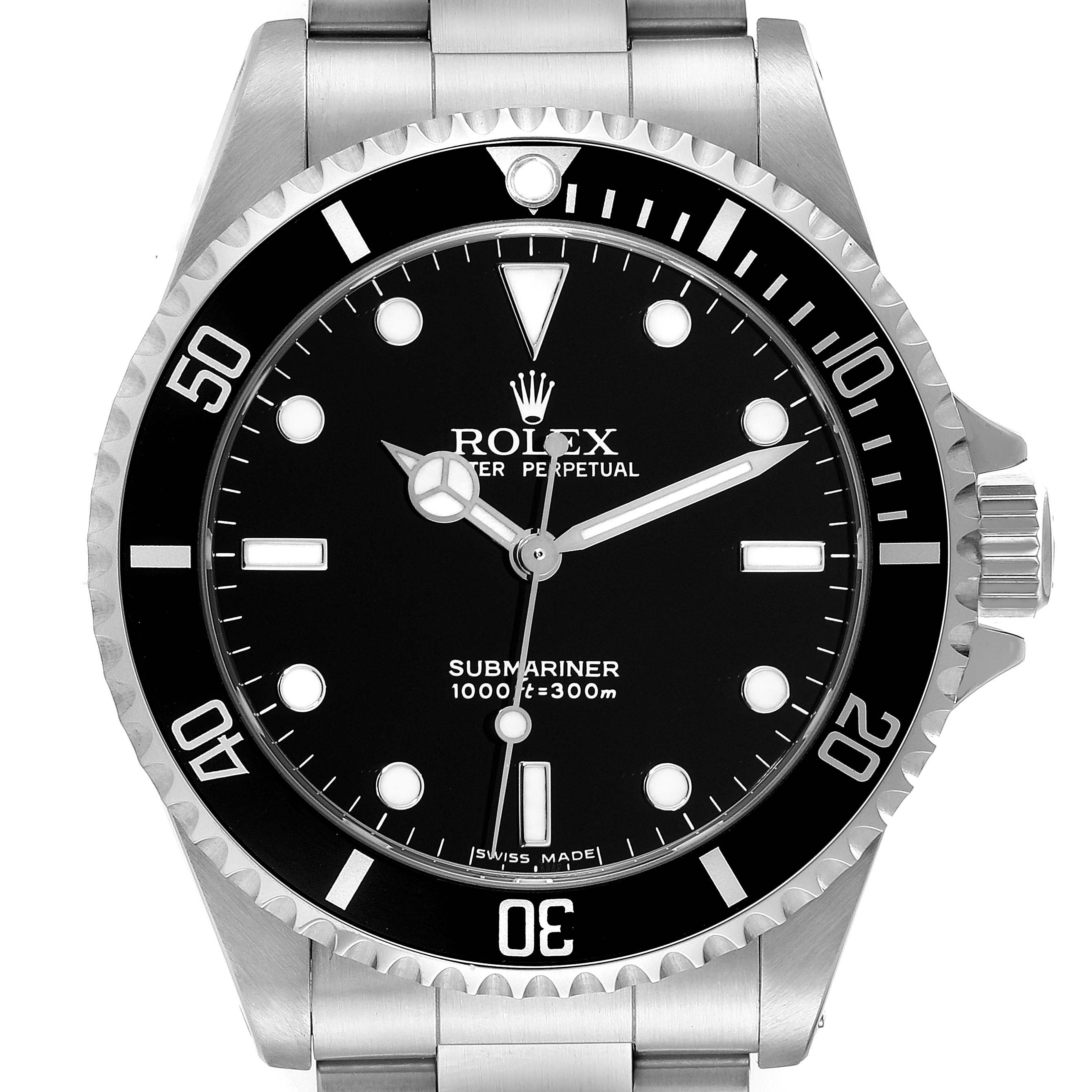 This image shows a front view of a Rolex Submariner 14060 Men
s Stainless Steel Black Dial 14060 Men
s Stainless Steel Black Dial watch, highlighting its dial, bezel, crown, and part of the bracelet.