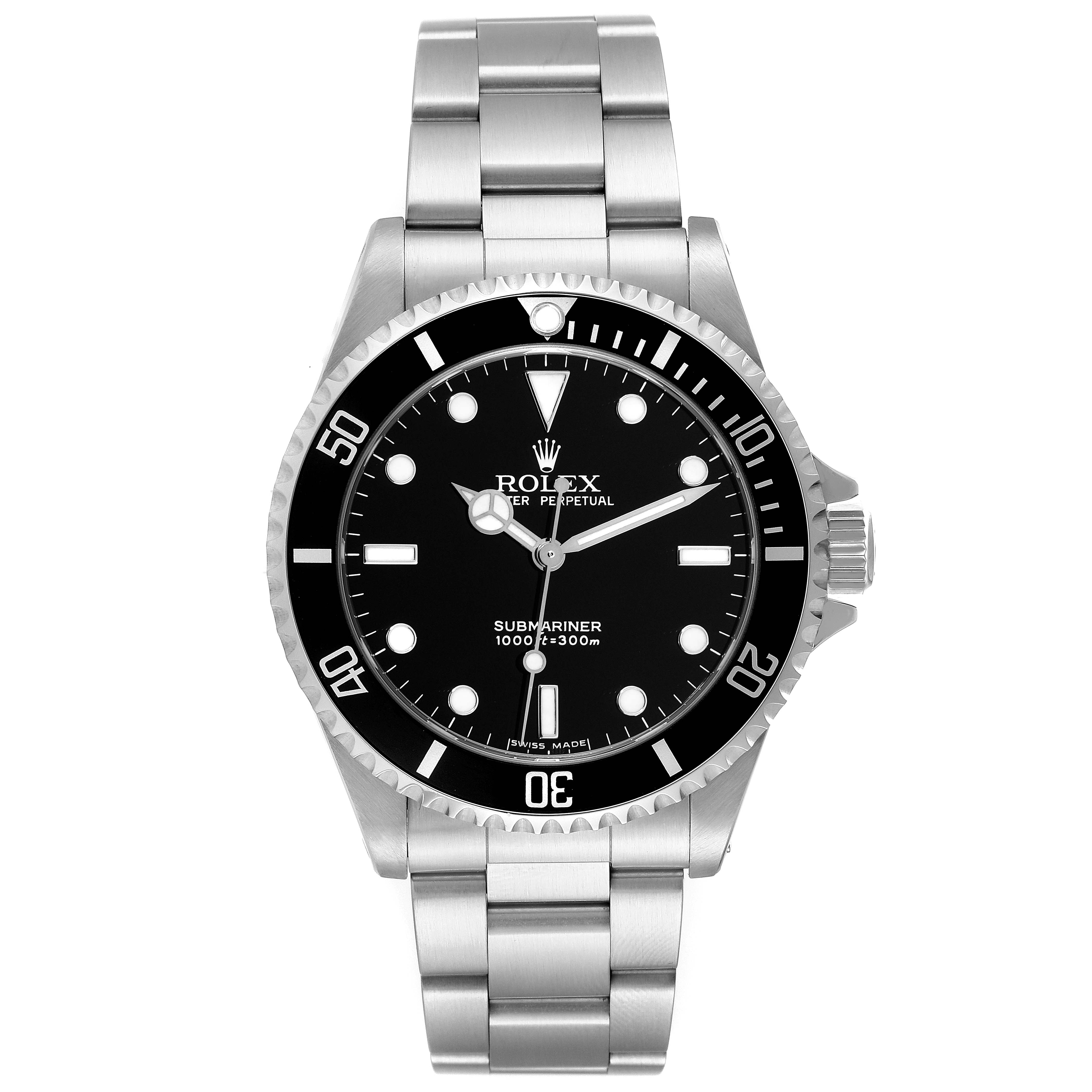 The Rolex Submariner 14060 Men
s Stainless Steel Black Dial 14060 Men
s Stainless Steel Black Dial watch is shown from a front angle, displaying the entire watch face and bracelet.