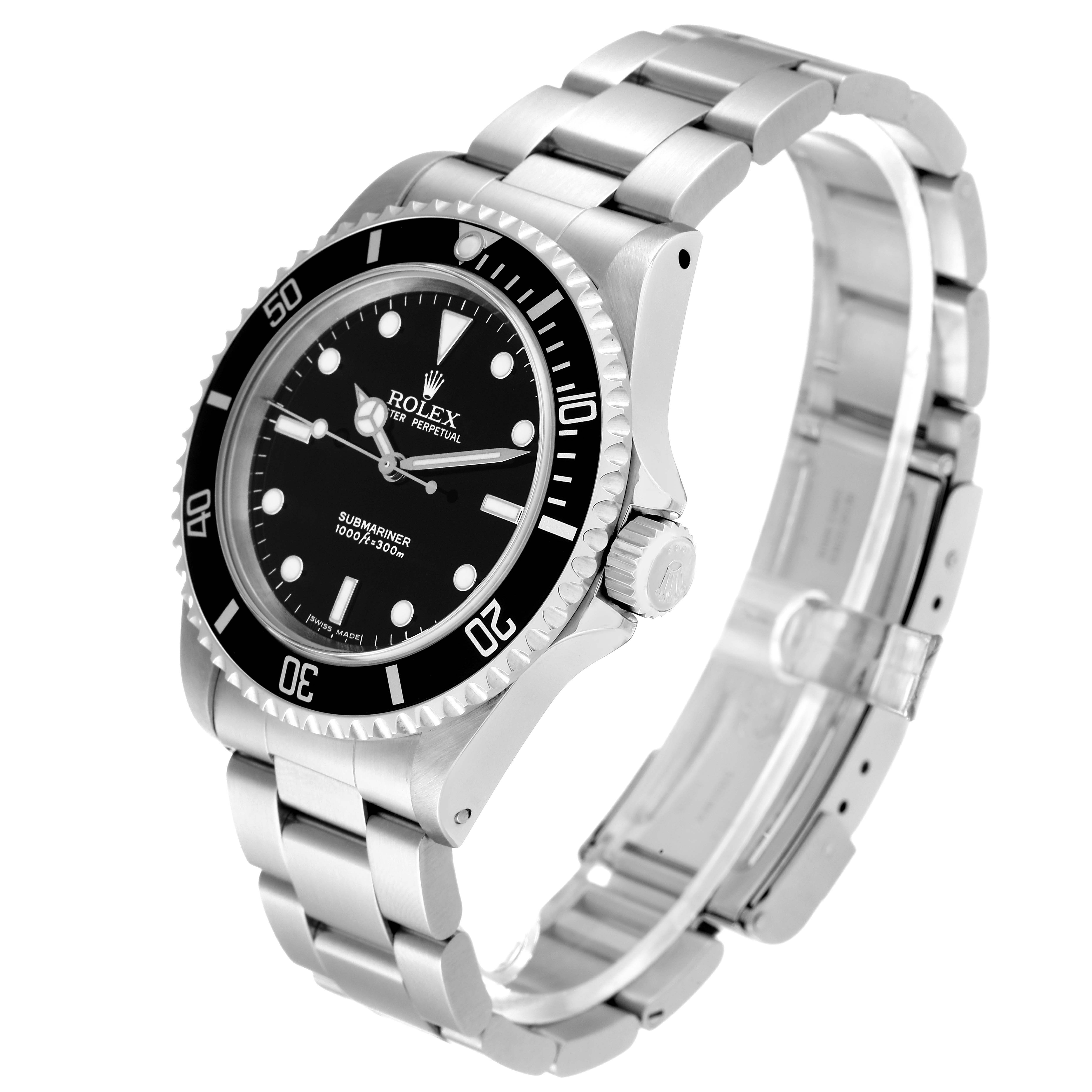 The image shows a Rolex Submariner 14060 Men
s Stainless Steel Black Dial 14060 Men
s Stainless Steel Black Dial watch at a three-quarter angle, highlighting the face, bezel, crown, and bracelet.