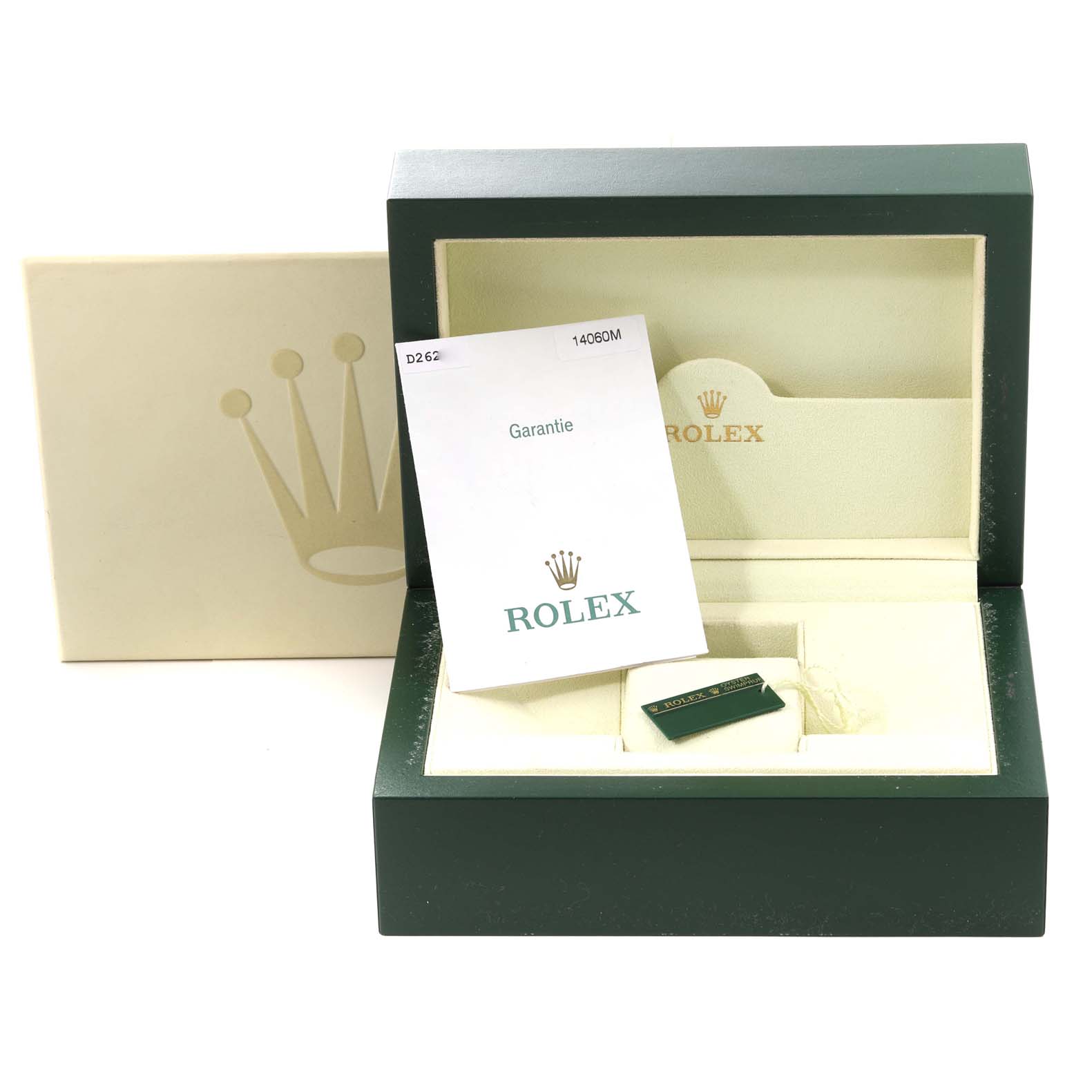 The image shows the open presentation box, warranty card, and accessories for a Rolex Submariner 14060 Men
s Stainless Steel Black Dial 14060 Men
s Stainless Steel Black Dial watch.