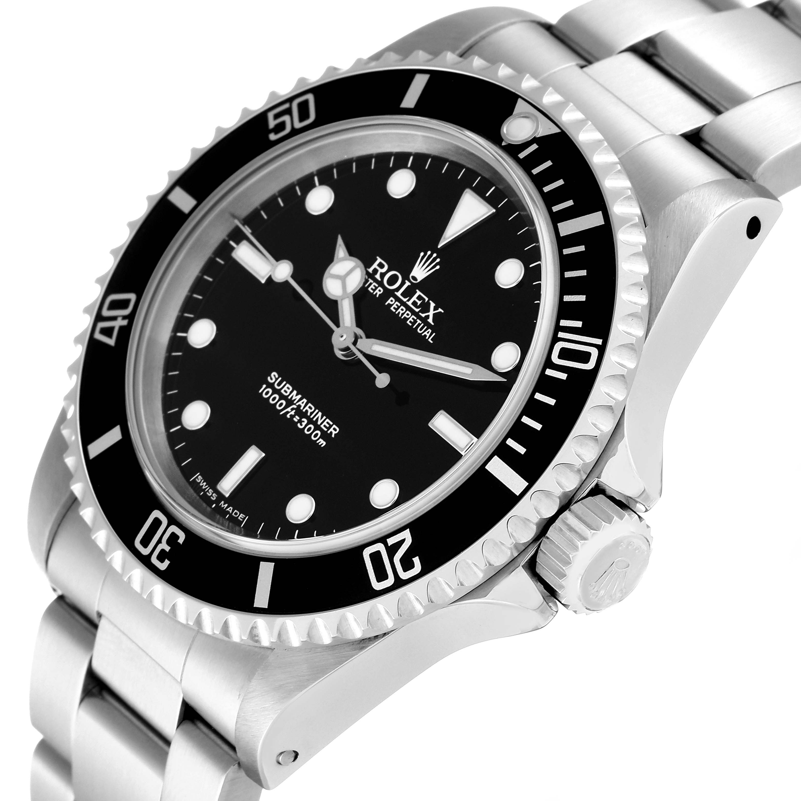 This image shows a close-up angle of the Rolex Submariner 14060 Men
s Stainless Steel Black Dial 14060 Men
s Stainless Steel Black Dial watch, highlighting its dial, bezel, and bracelet.