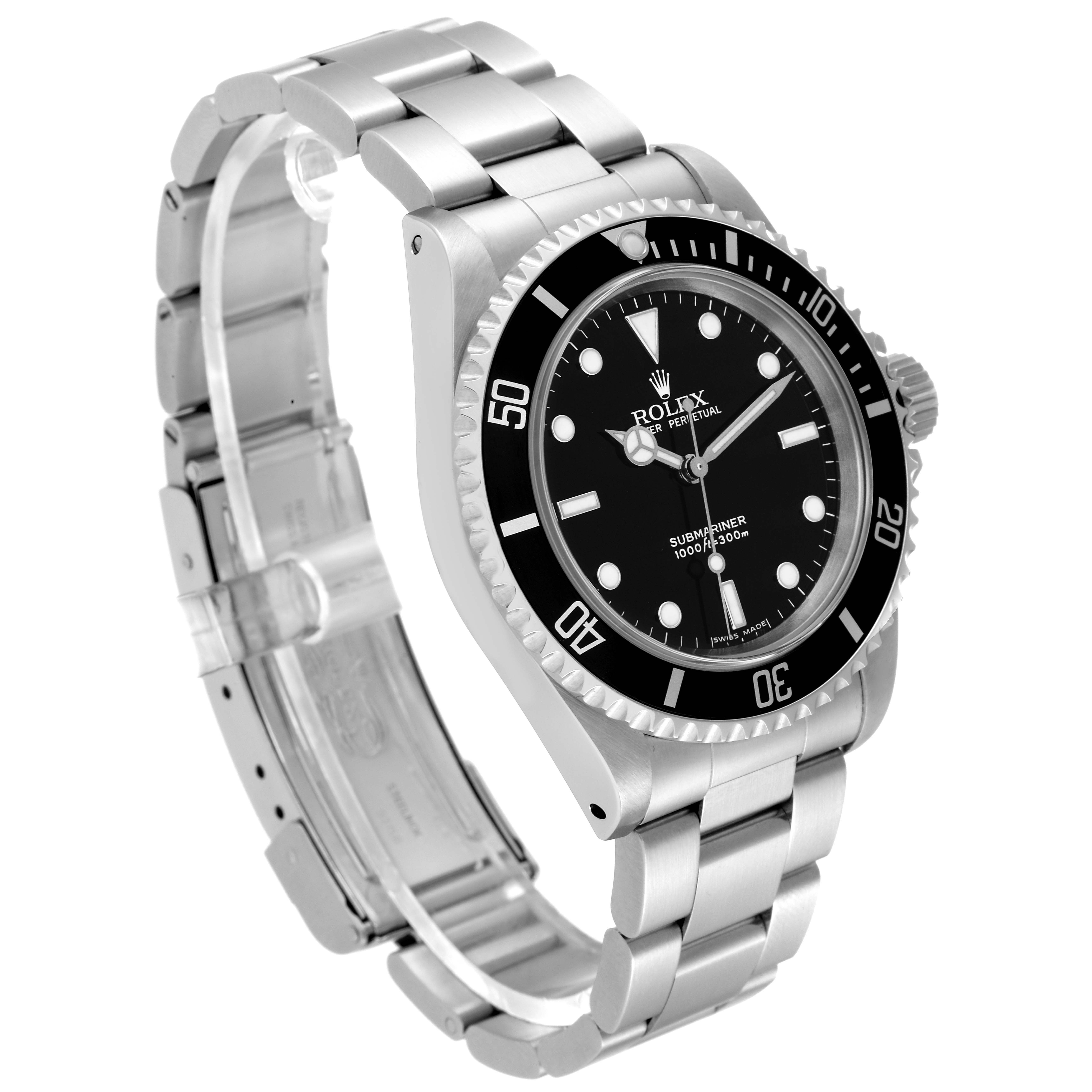 This image shows a side angle view of the Rolex Submariner 14060 Men
s Stainless Steel Black Dial 14060 Men
s Stainless Steel Black Dial watch, focusing on its black dial, bezel, and stainless steel bracelet.
