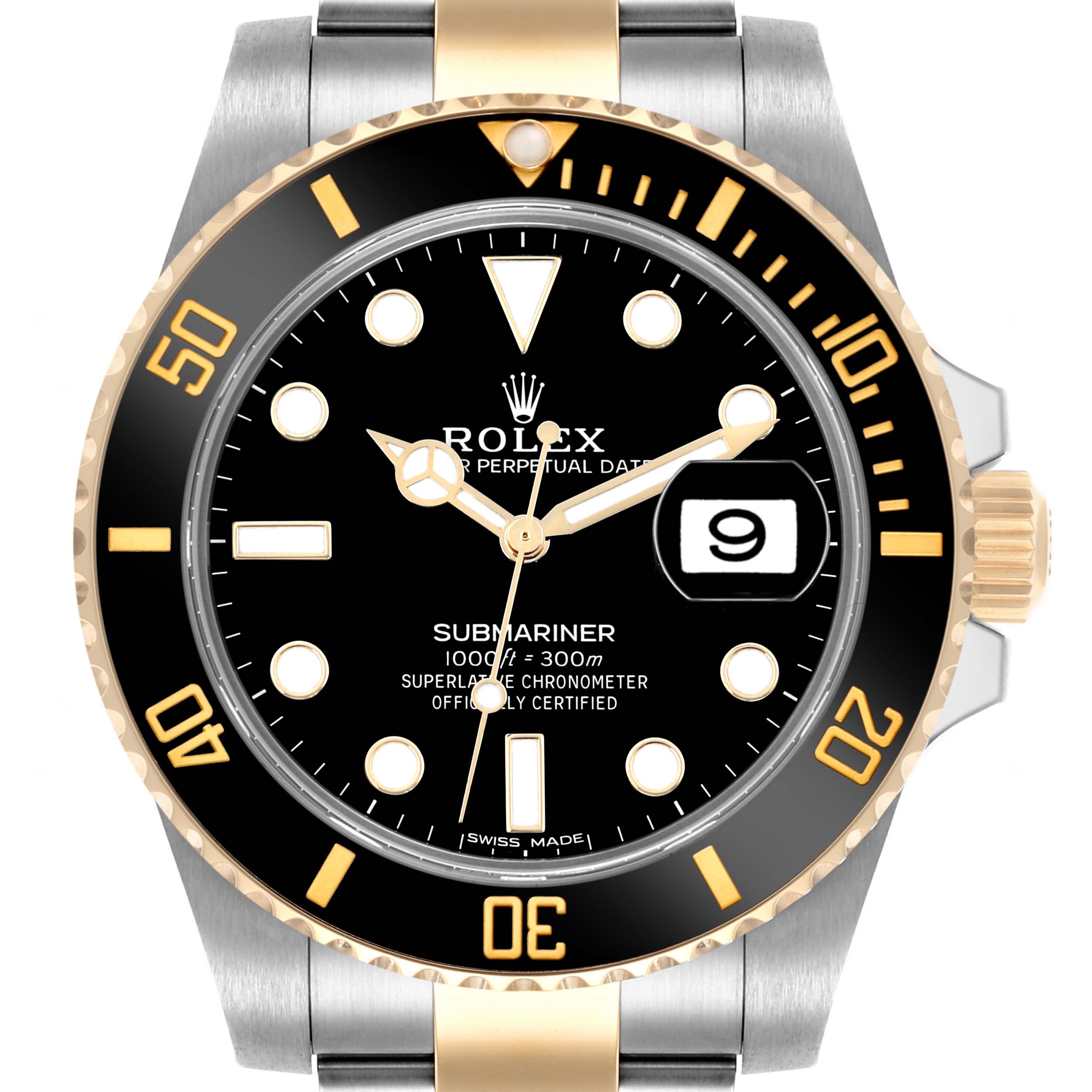The Rolex Submariner 116613 Men's Steel and Gold (two tone) Black Dial 116613 Men's Steel and Gold (two tone) Black Dial watch is shown from a front angle, displaying its face, bezel, and part of the bracelet.