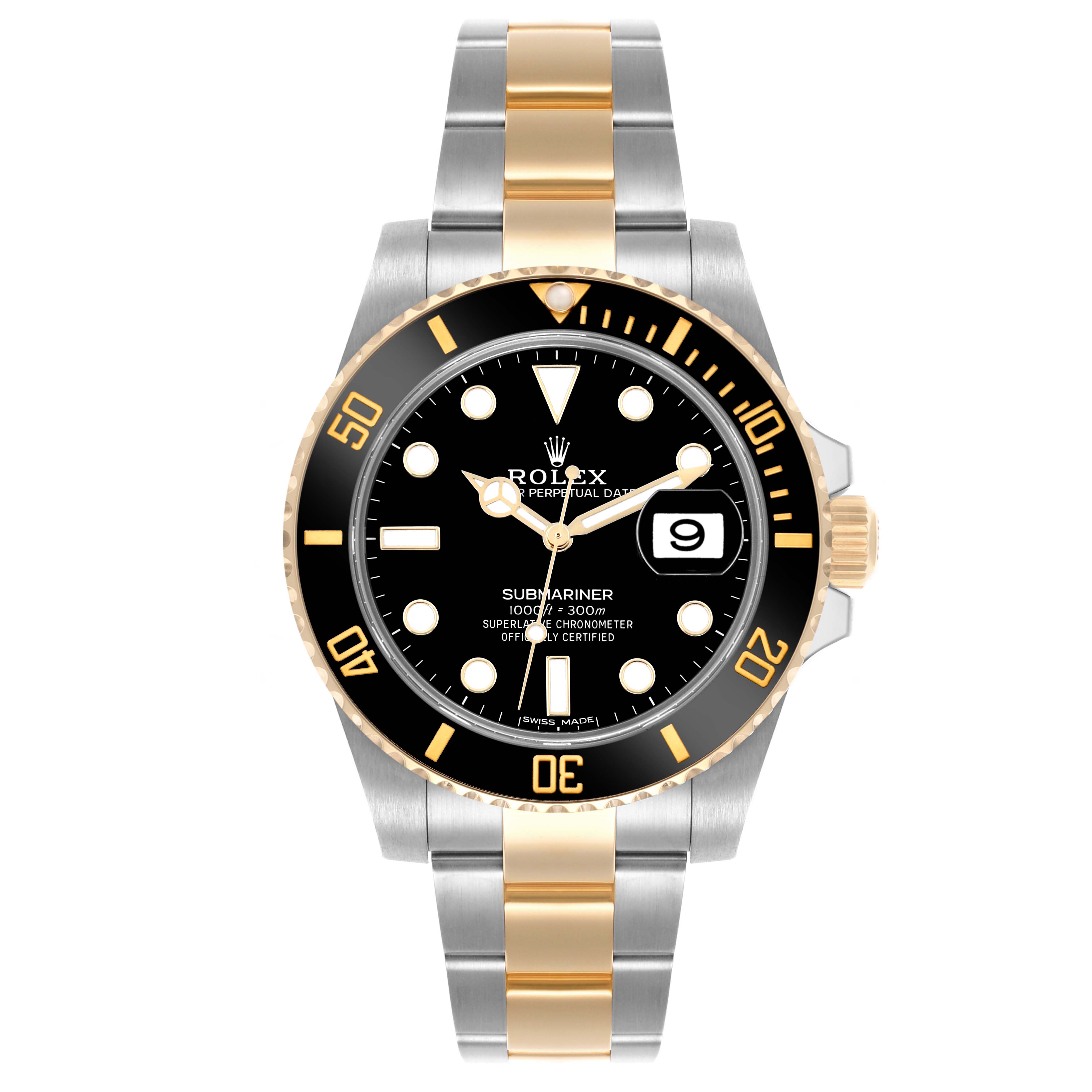 The Rolex Submariner 116613 Men's Steel and Gold (two tone) Black Dial 116613 Men's Steel and Gold (two tone) Black Dial is shown from a top angle, displaying the dial, bezel, and two-tone bracelet.