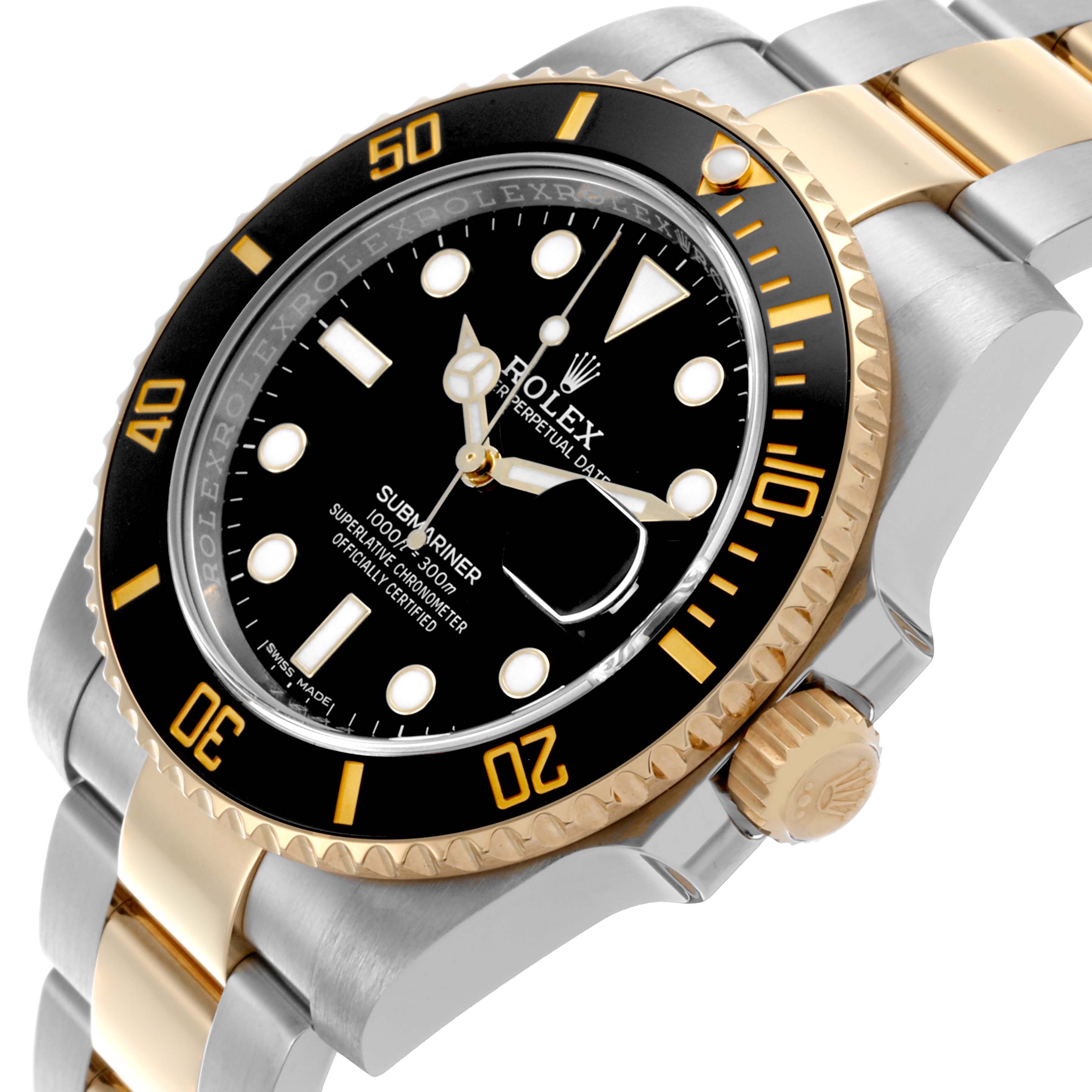 The Rolex Submariner 116613 Men's Steel and Gold (two tone) Black Dial 116613 Men's Steel and Gold (two tone) Black Dial is shown at an angle highlighting the bezel, crown, and two-tone bracelet.