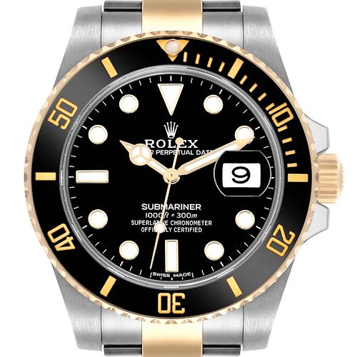 The Rolex Submariner watch is shown from the front, featuring the bezel, dial, and a portion of the bracelet.