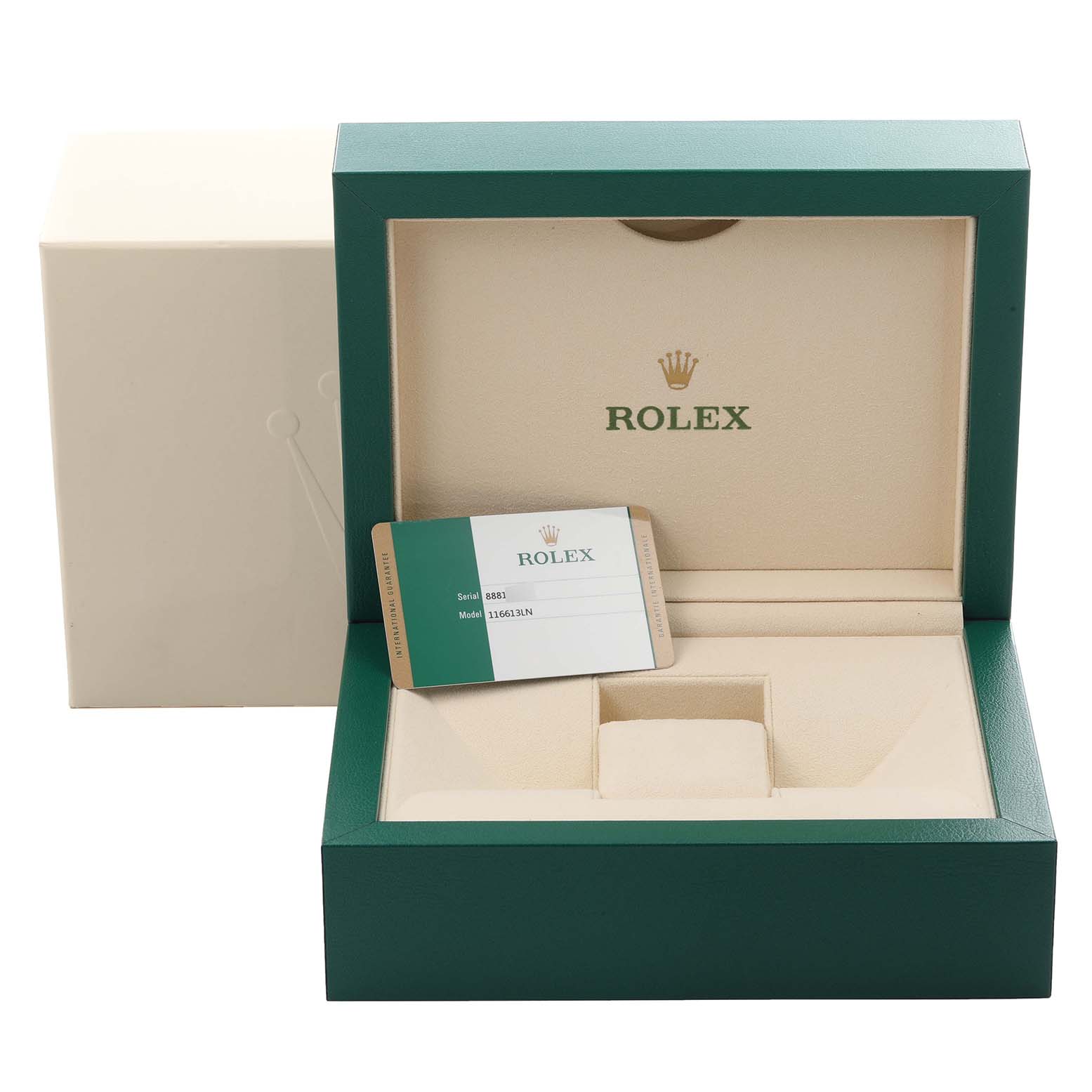 The image shows the open box of the Rolex Submariner 116613 Men's Steel and Gold (two tone) Black Dial 116613 Men's Steel and Gold (two tone) Black Dial, featuring the case and a card, viewed from the front.