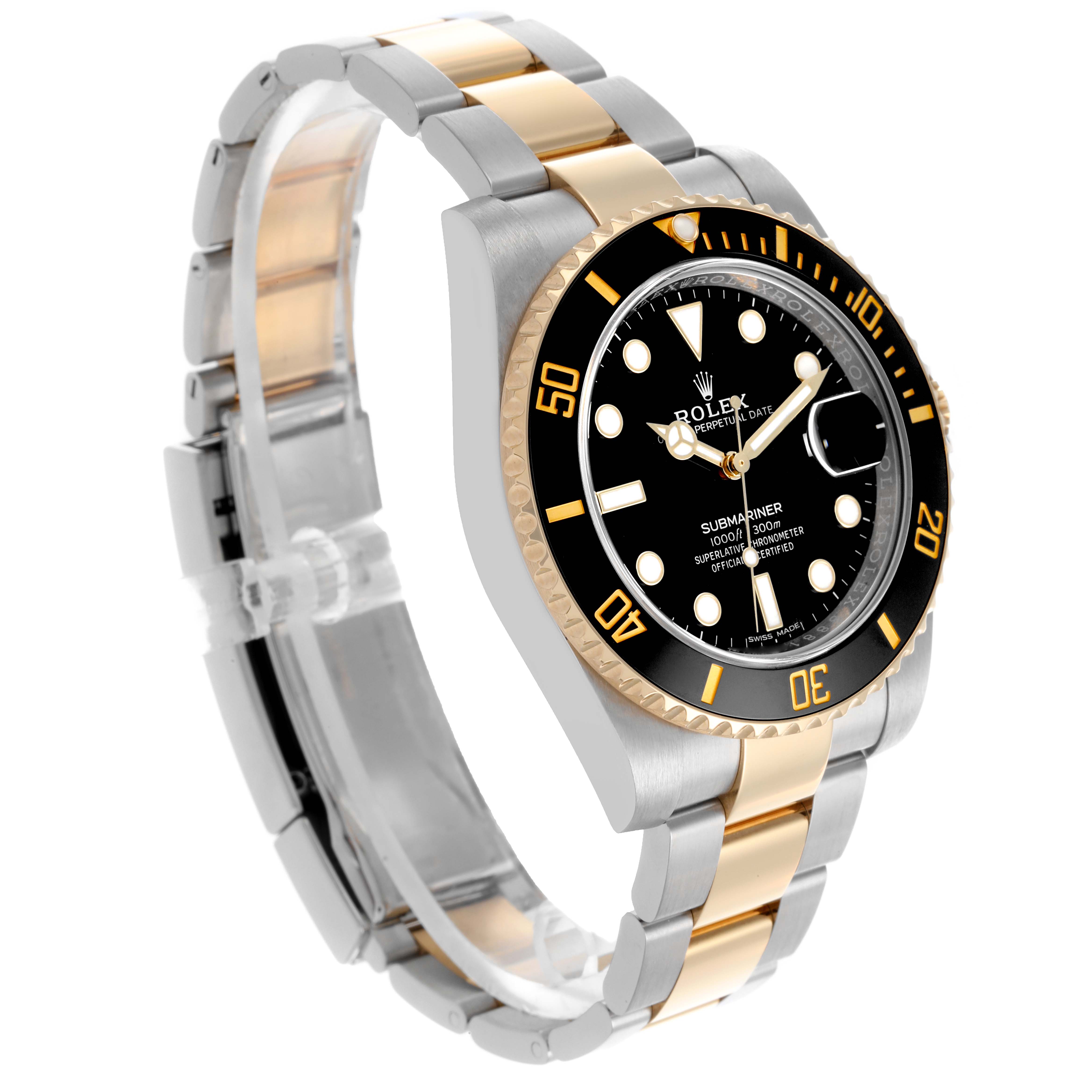 The Rolex Submariner 116613 Men's Steel and Gold (two tone) Black Dial 116613 Men's Steel and Gold (two tone) Black Dial is shown at a slight angle, highlighting the black dial, bezel, and two-tone bracelet.