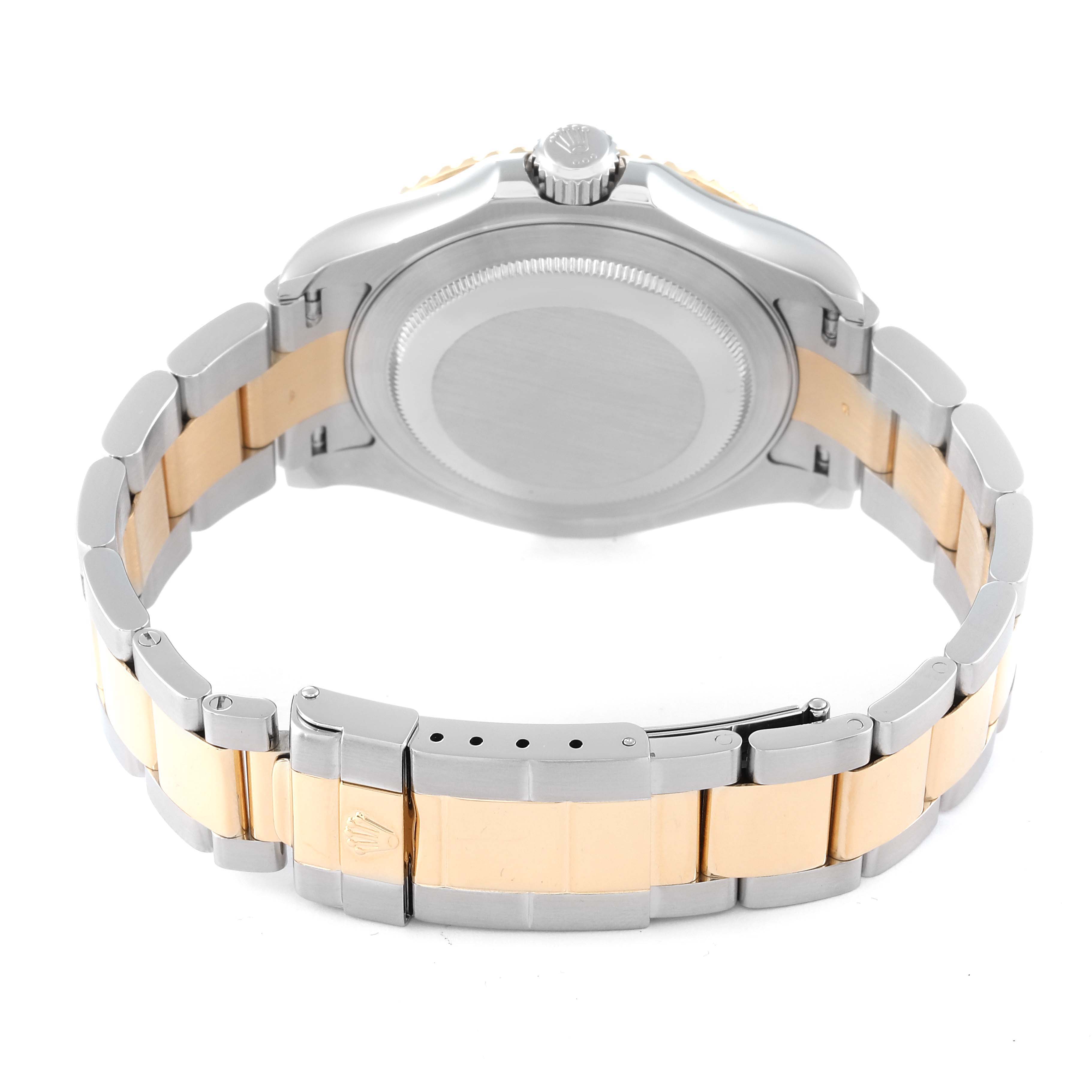 The image shows the back of a Rolex Yacht-Master 16623 Men
s Steel and Gold (two tone) Silver Dial 16623 Men
s Steel and Gold (two tone) Silver Dial watch, highlighting its case back and two-tone metal bracelet.