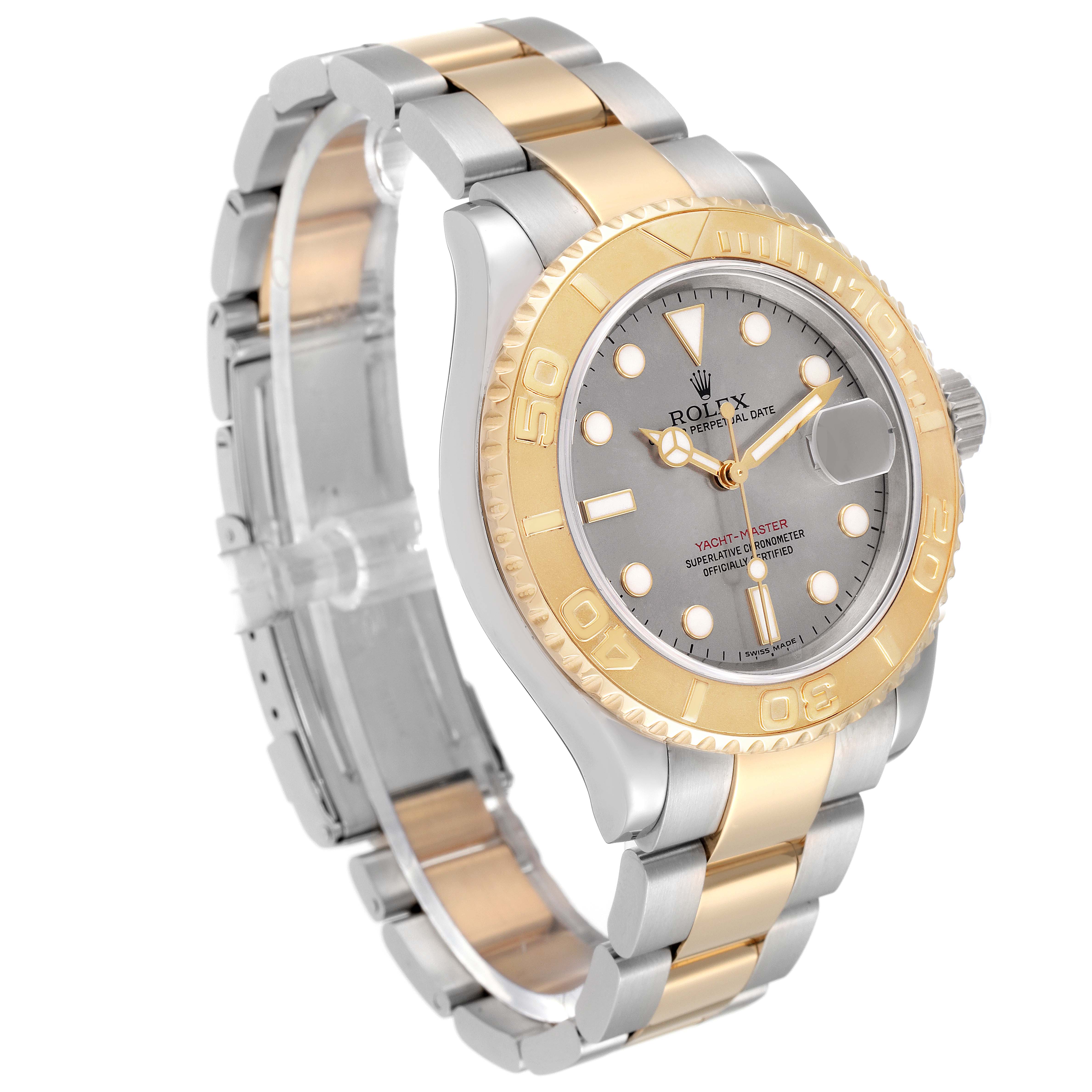 The Rolex Yacht-Master 16623 Men
s Steel and Gold (two tone) Silver Dial 16623 Men
s Steel and Gold (two tone) Silver Dial watch is shown from a left front angle, displaying the bezel, dial, and part of the bracelet.