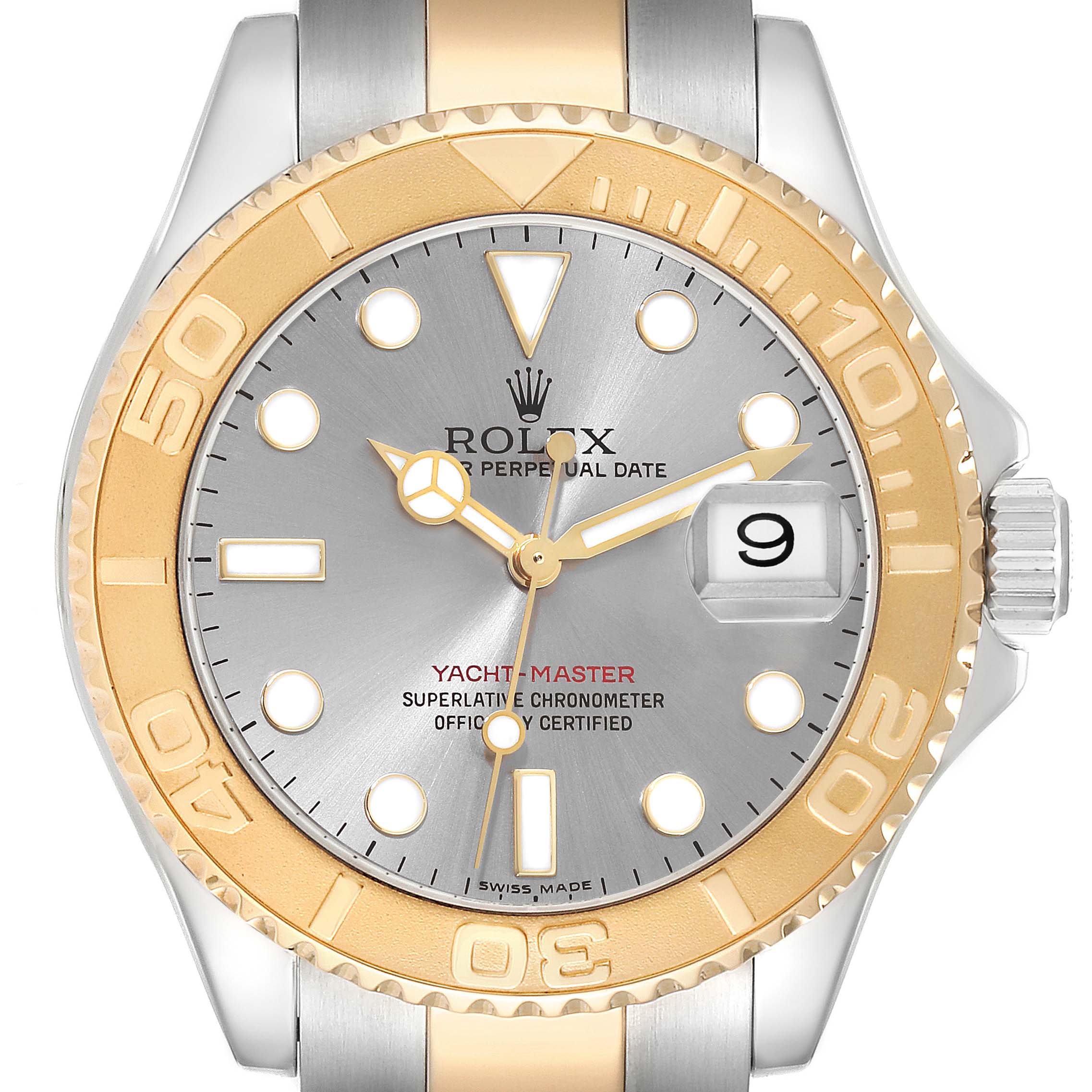 This is a close-up of the Rolex Yacht-Master 16623 Men
s Steel and Gold (two tone) Silver Dial 16623 Men
s Steel and Gold (two tone) Silver Dial model, showing the watch face, bezel, markers, hands, and date window at 3 o
clock.
