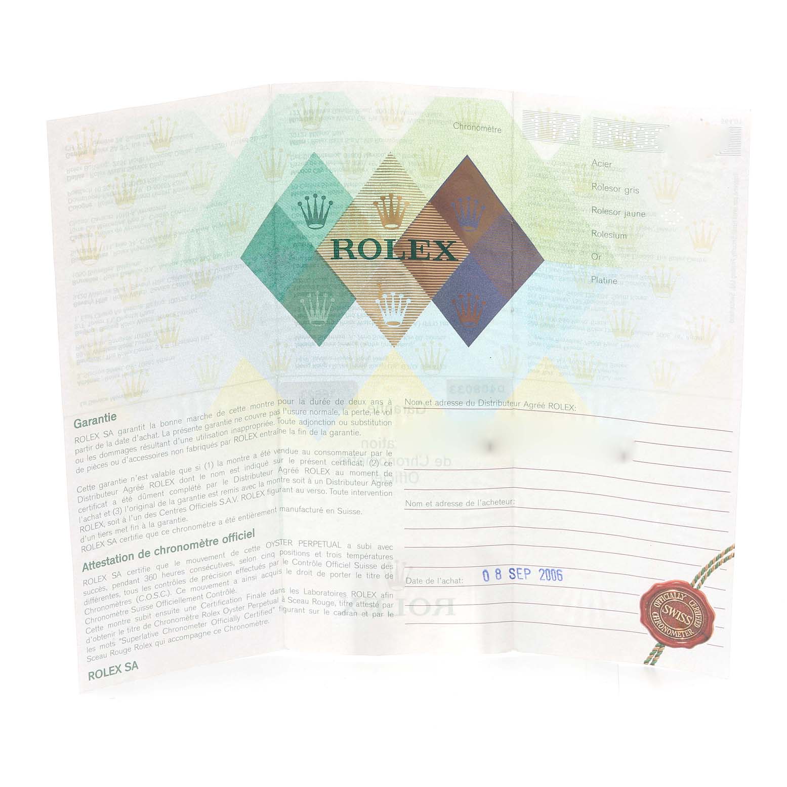 The image shows a warranty and chronometer certification document for the Rolex Yacht-Master 16623 Men
s Steel and Gold (two tone) Silver Dial 16623 Men
s Steel and Gold (two tone) Silver Dial model.