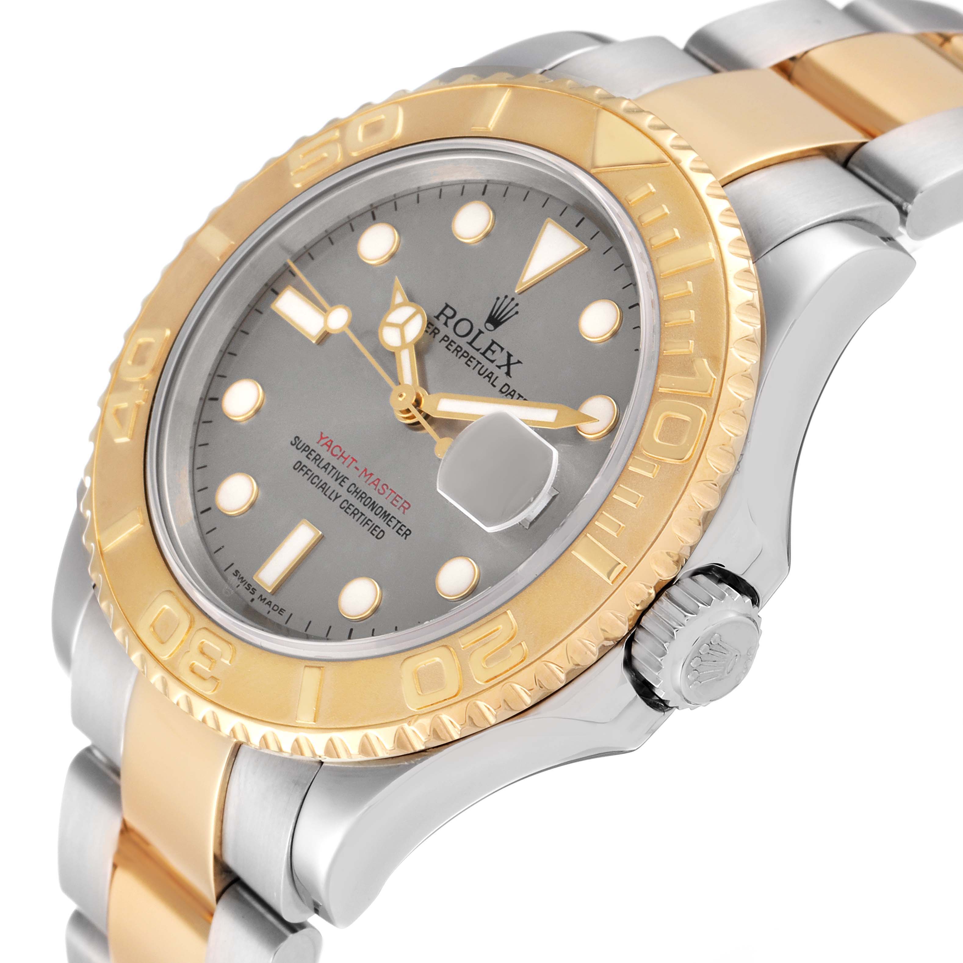The image shows a Rolex Yacht-Master 16623 Men
s Steel and Gold (two tone) Silver Dial 16623 Men
s Steel and Gold (two tone) Silver Dial watch from an angled side view, highlighting the bezel, dial, crown, and part of the bracelet.