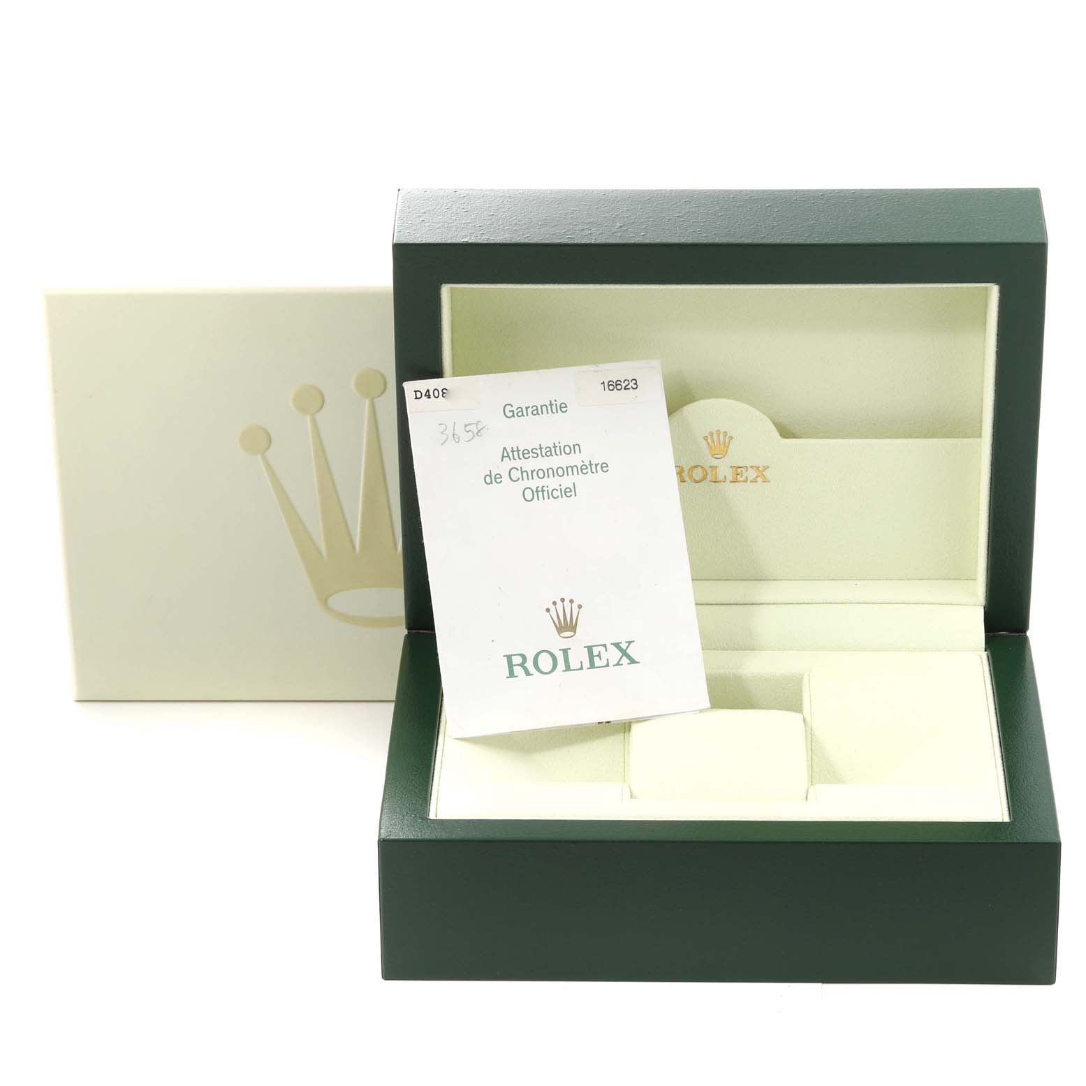 The image shows an open green Rolex box at a frontal angle for the Yacht-Master model, including the warranty certificate.