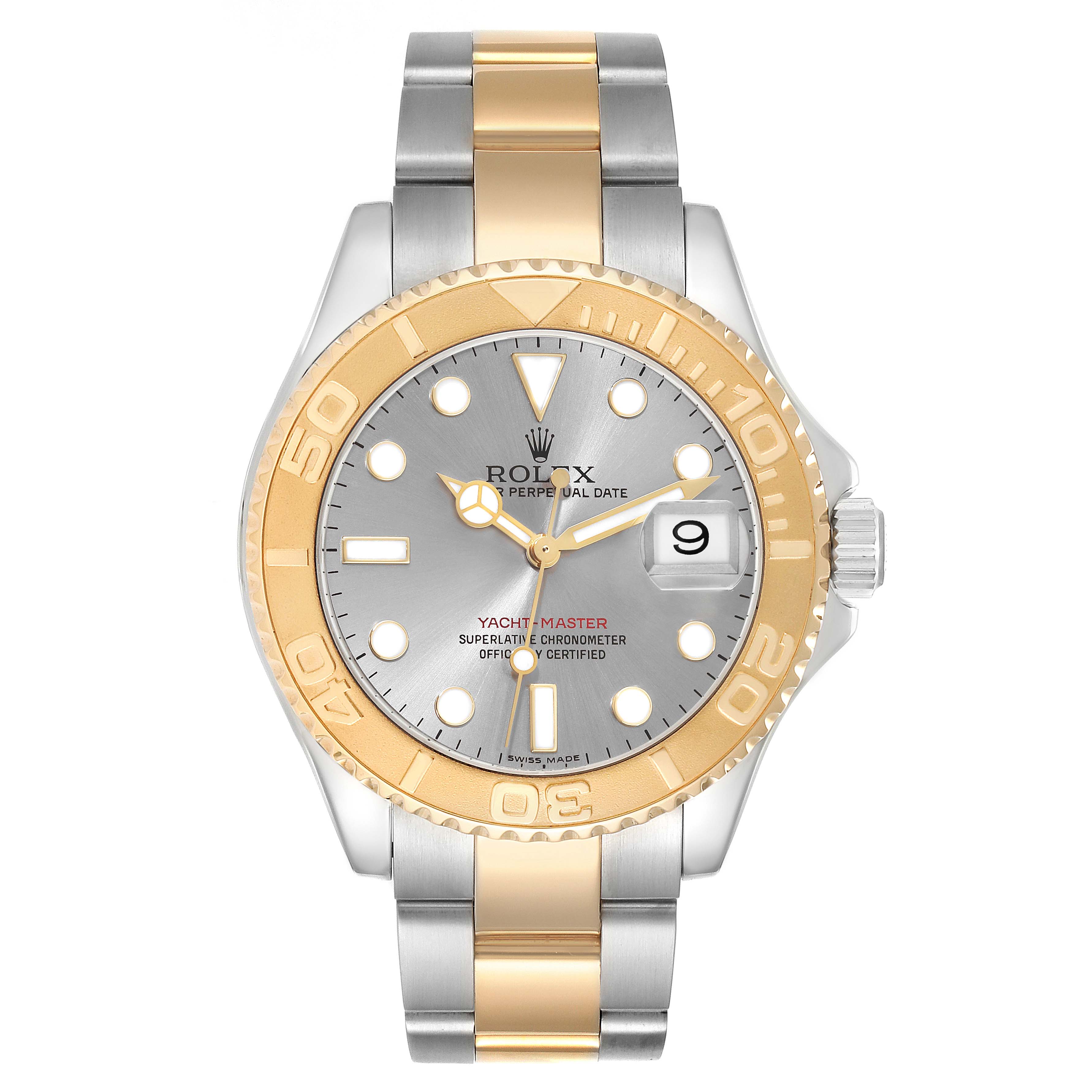 The Yacht-Master Rolex watch is shown from the front, displaying the dial, bezel, crown, and bracelet.