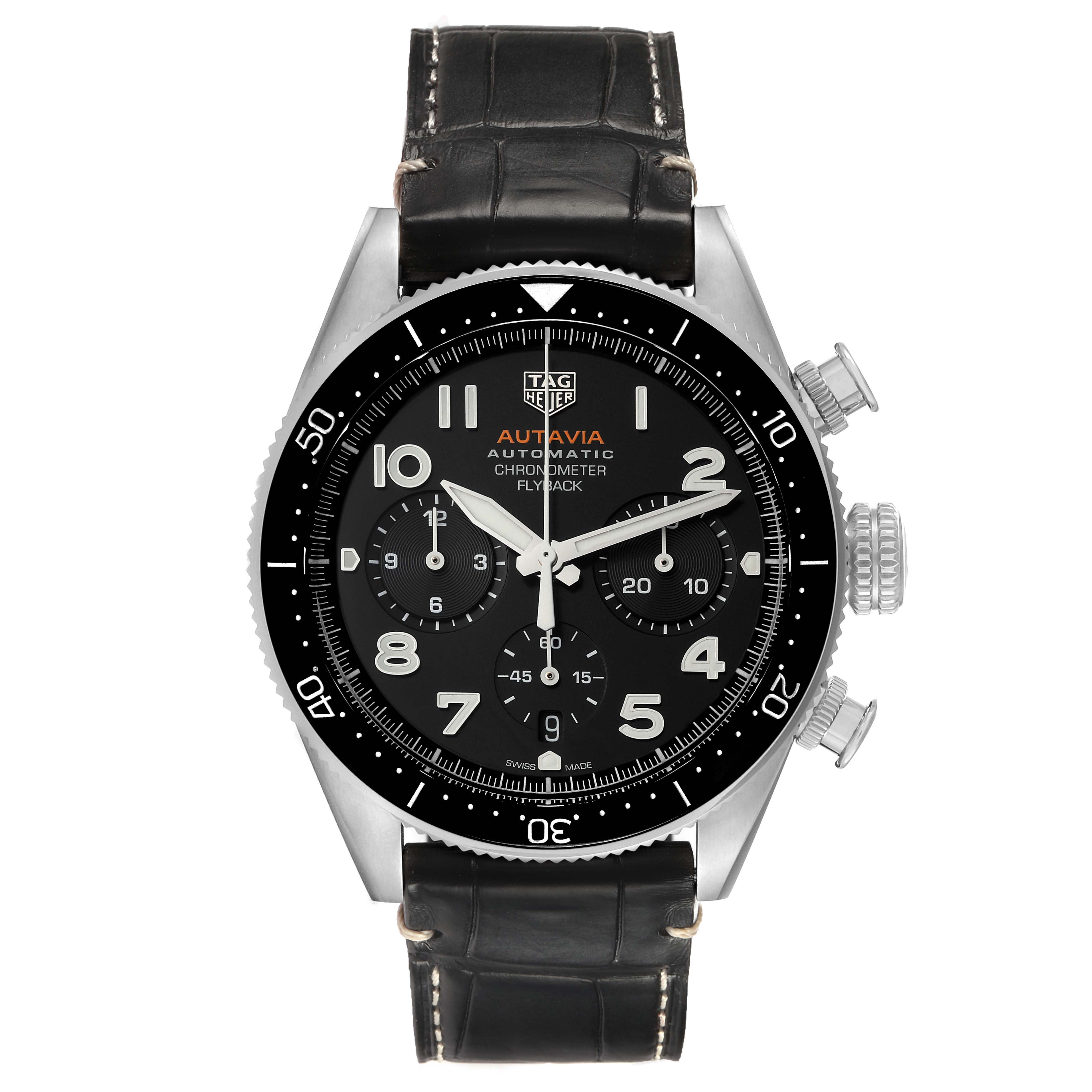 The image shows a full frontal view of the Tag Heuer Autavia CBE511A.FC8279 Men's Stainless Steel Black Dial watch, displaying its black dial, bezel, and leather strap.