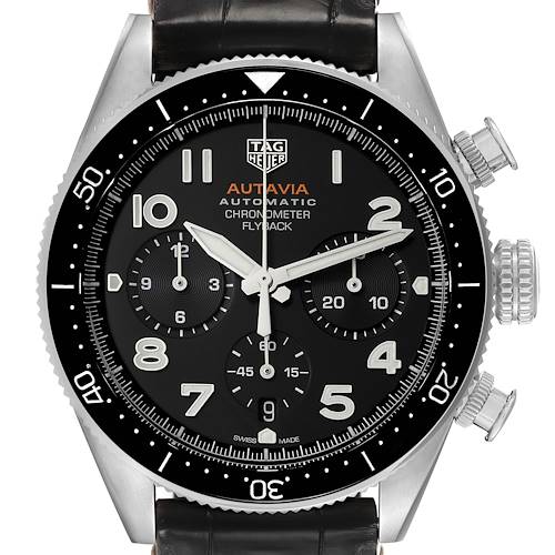 The image shows a frontal view of the Tag Heuer Autavia CBE511A.FC8279 Men's Stainless Steel Black Dial watch, highlighting the dial, bezel, and pushers.
