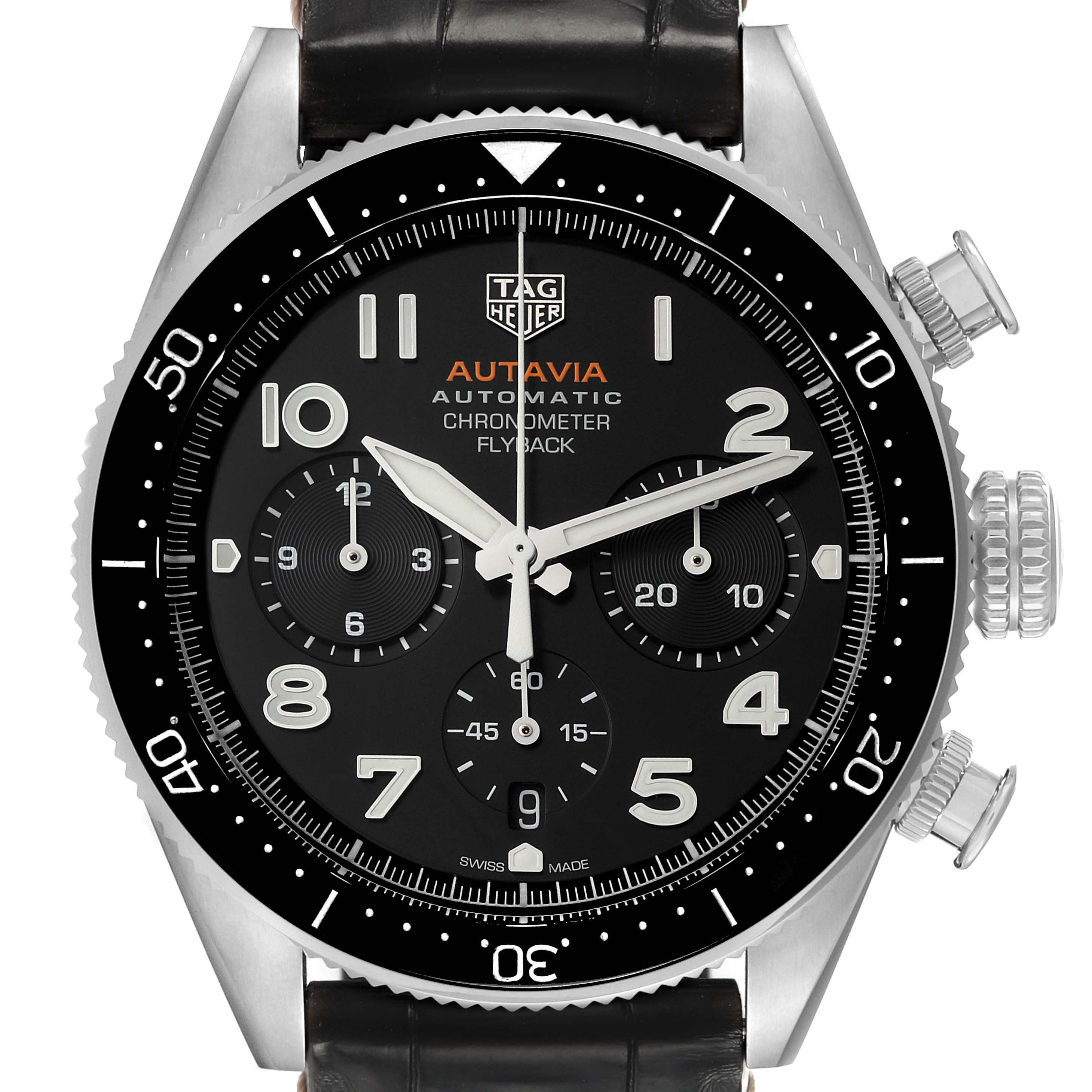 The Tag Heuer Autavia CBE511A.FC8279 Men's Stainless Steel Black Dial watch is shown from the front, highlighting the dial, bezel, pushers, and crown.