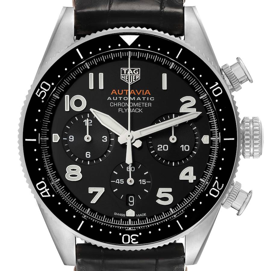 The Tag Heuer Autavia CBE511A.FC8279 Men's Stainless Steel Black Dial watch is shown from the front, highlighting the dial, bezel, pushers, and crown.