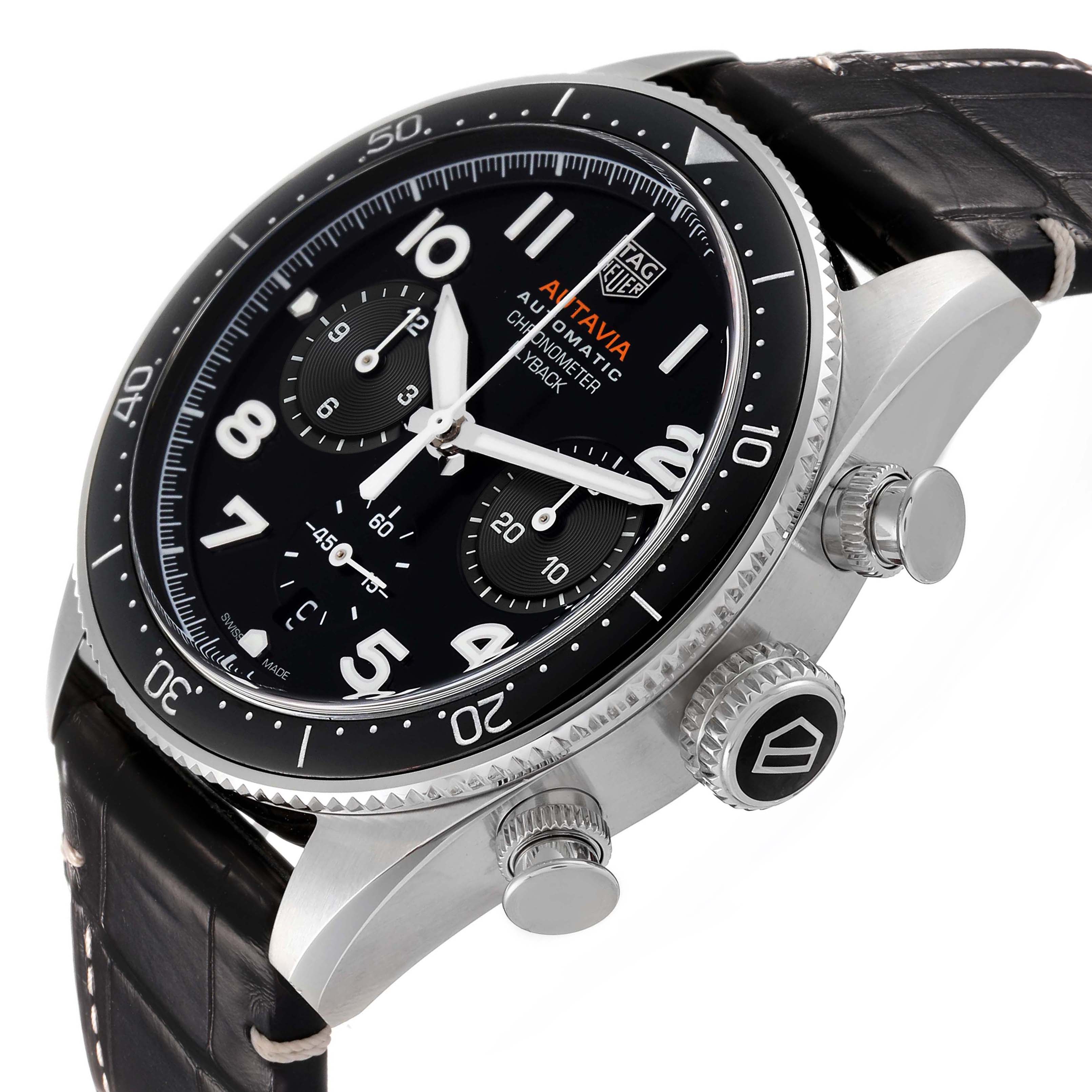 The Tag Heuer Autavia CBE511A.FC8279 Men's Stainless Steel Black Dial watch is shown from a side angle, highlighting the bezel, crown, and pushers.