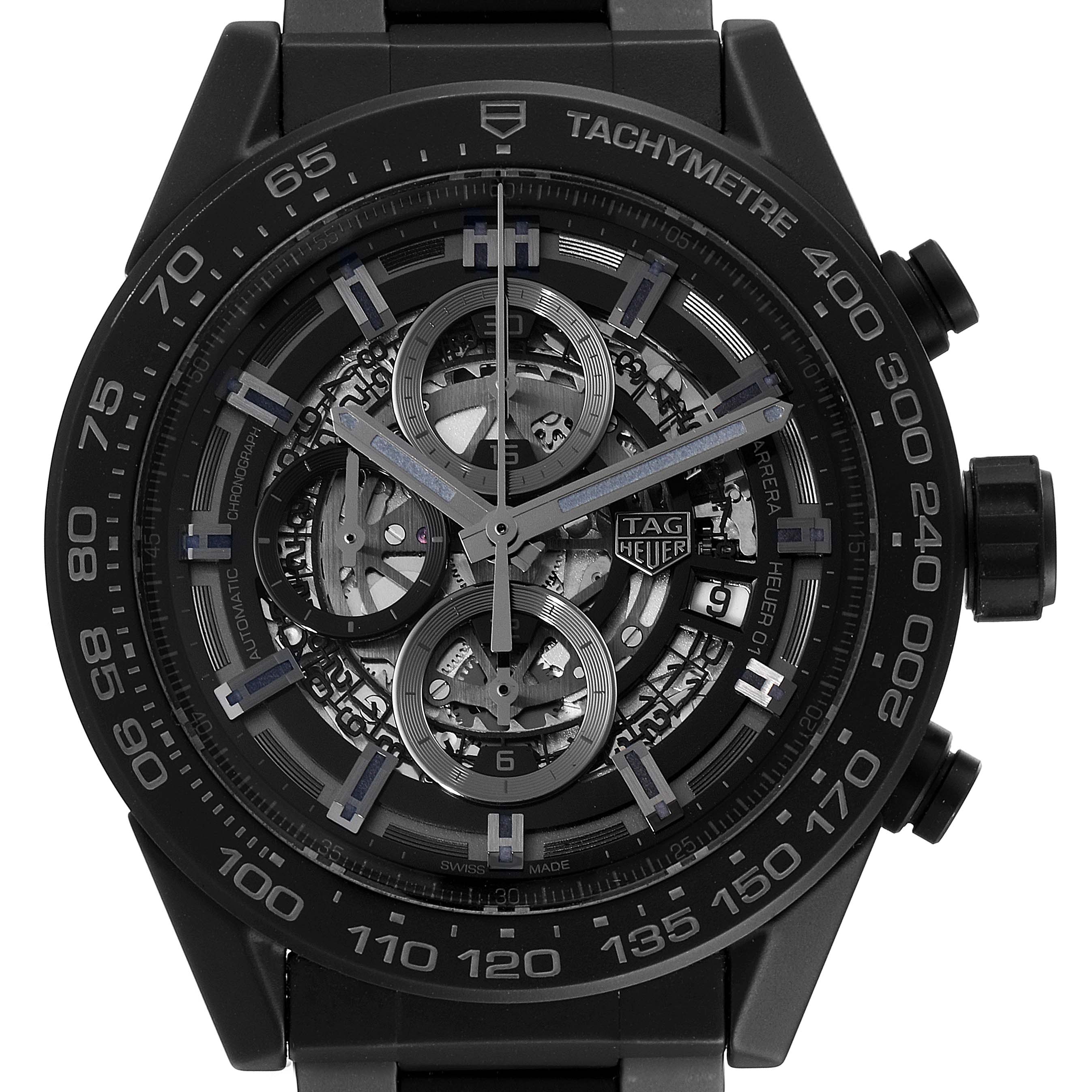 The image shows a front view of the Tag Heuer Carrera CAR2A91.BH0742 Men's Ceramic Black Dial CAR2A91.BH0742 Men's Ceramic Black Dial model watch, highlighting its face, subdials, bezel, and tachymeter scale.