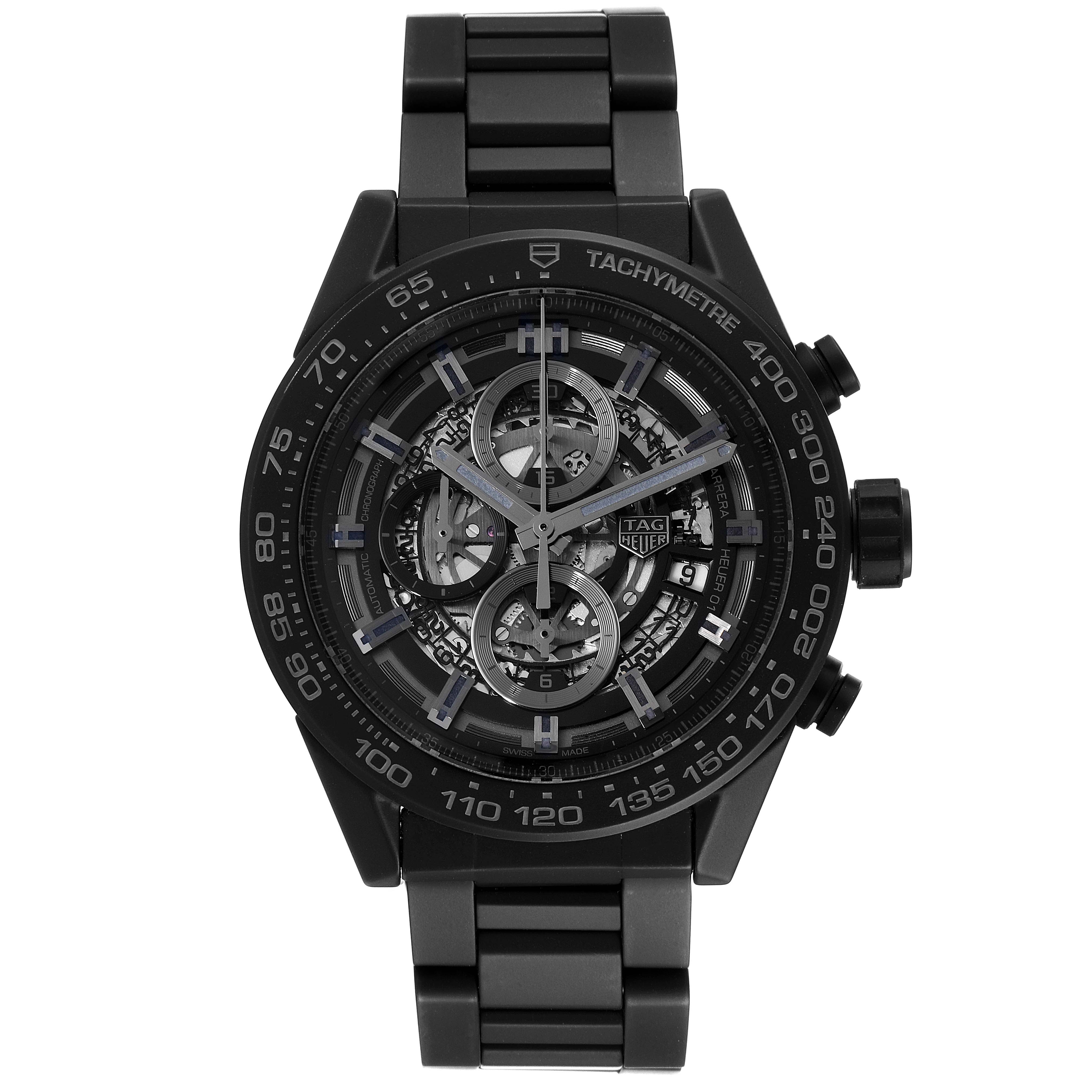 The image shows a front view of a Tag Heuer Carrera CAR2A91.BH0742 Men's Ceramic Black Dial CAR2A91.BH0742 Men's Ceramic Black Dial watch, highlighting its black case, skeleton dial, and tachymeter bezel.