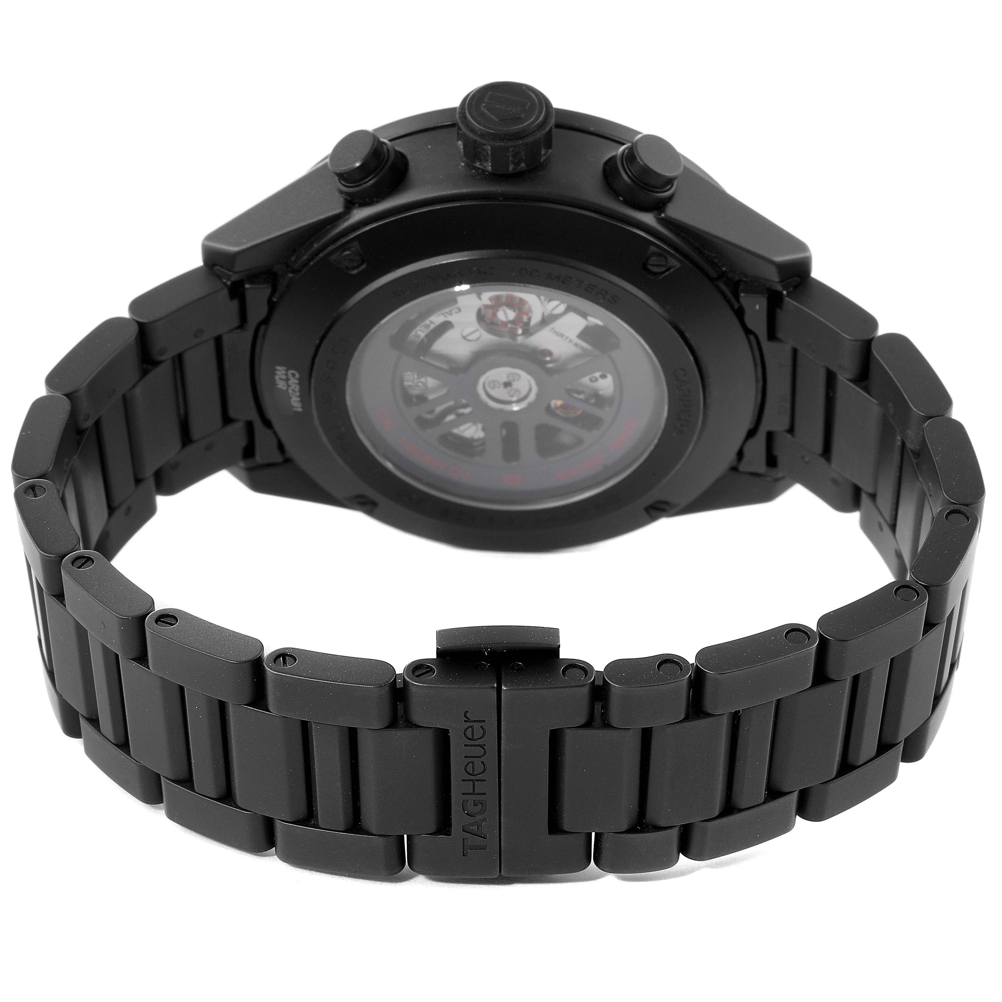 The image shows the back view of a Tag Heuer Carrera CAR2A91.BH0742 Men's Ceramic Black Dial CAR2A91.BH0742 Men's Ceramic Black Dial watch, highlighting the bracelet and the transparent case back.