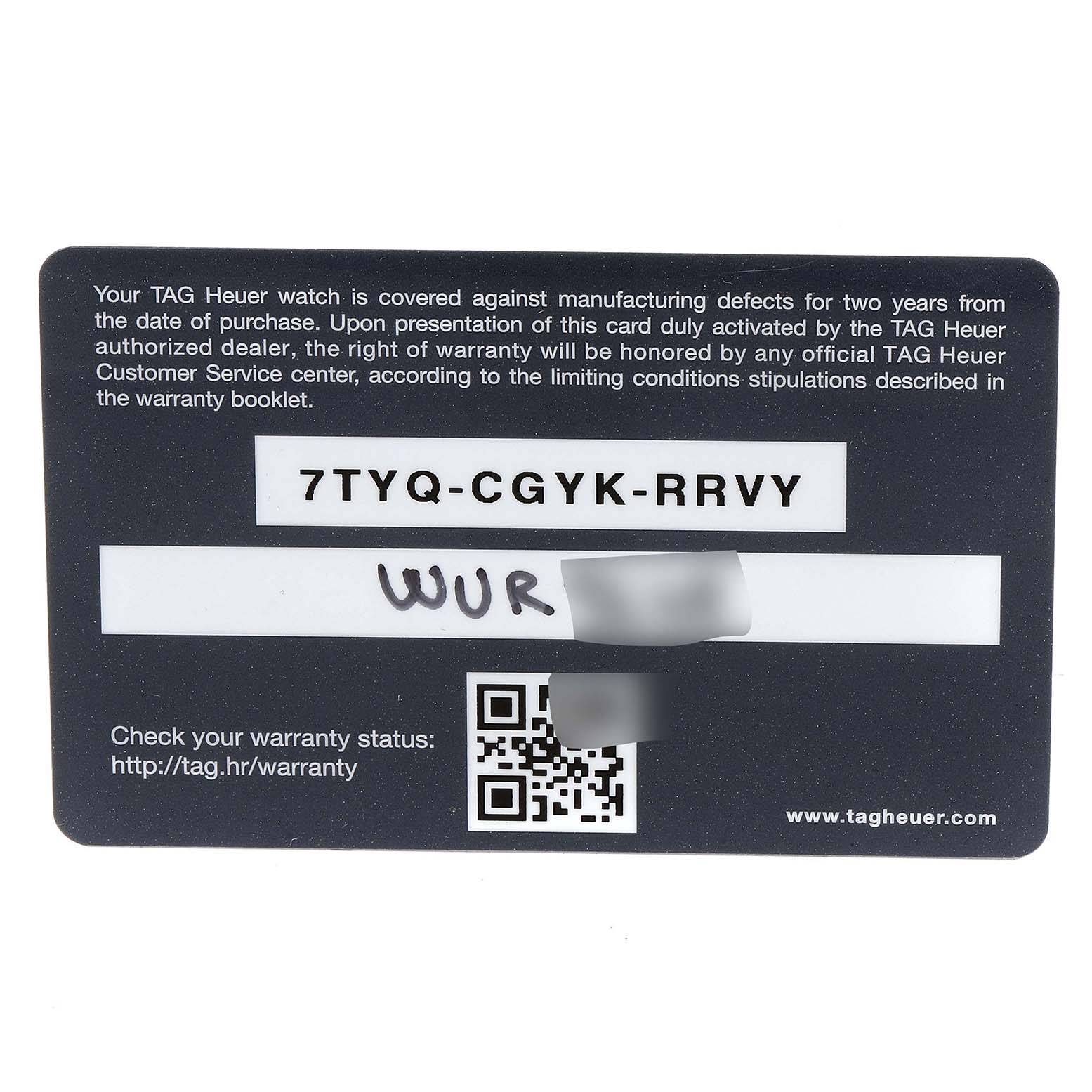 This image shows the warranty card for a Tag Heuer Carrera CAR2A91.BH0742 Men's Ceramic Black Dial CAR2A91.BH0742 Men's Ceramic Black Dial watch, including the warranty code and a QR code.