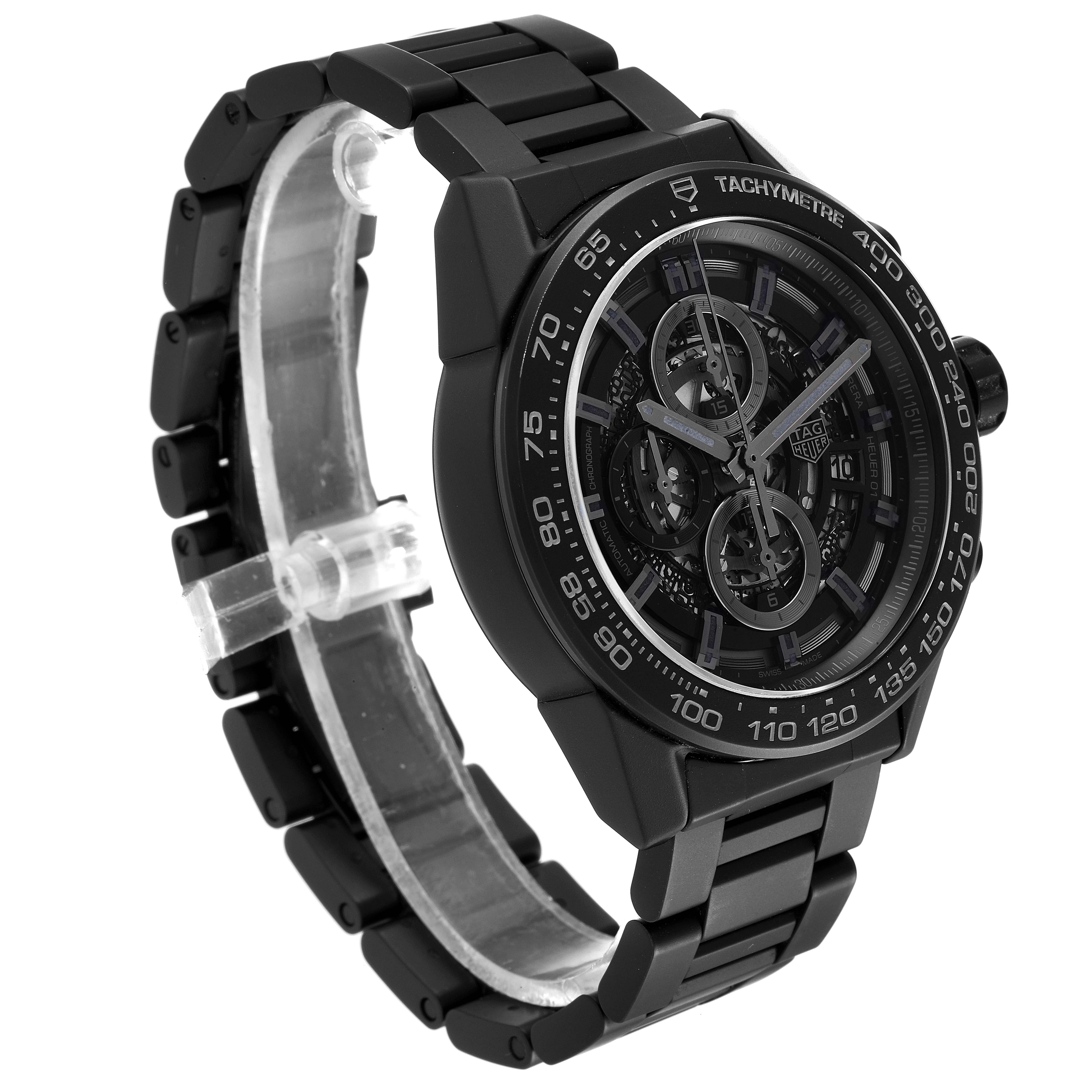 This image shows a side angle view of a Tag Heuer Carrera CAR2A91.BH0742 Men's Ceramic Black Dial CAR2A91.BH0742 Men's Ceramic Black Dial model, featuring its black bracelet, case, and partially visible tachymeter bezel.