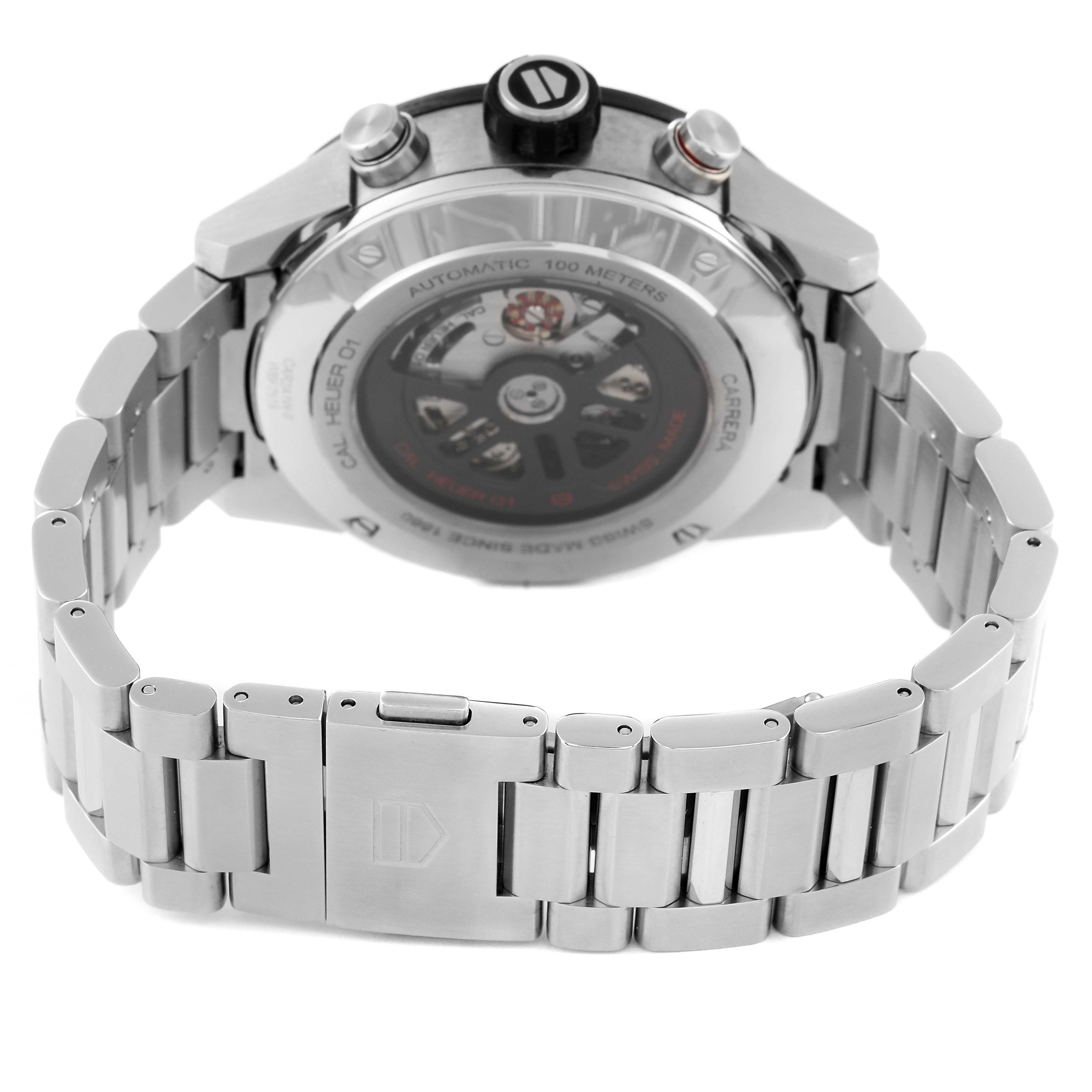 The image shows the back view of a Tag Heuer Carrera CAR2A1W Men
s Stainless Steel Transparent Dial CAR2A1W Men
s Stainless Steel Transparent Dial watch, highlighting the metal bracelet and the transparent case back.